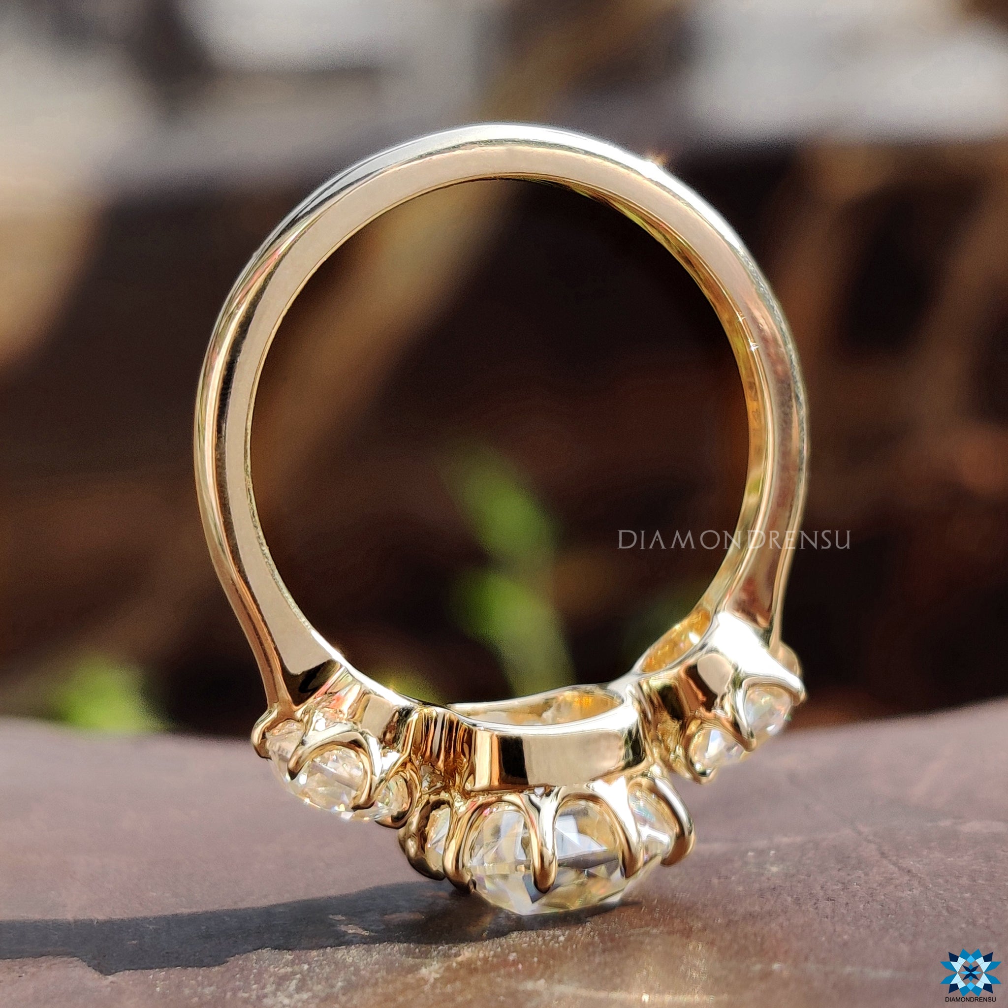 Old Mine Cut Ring with three stone ring
