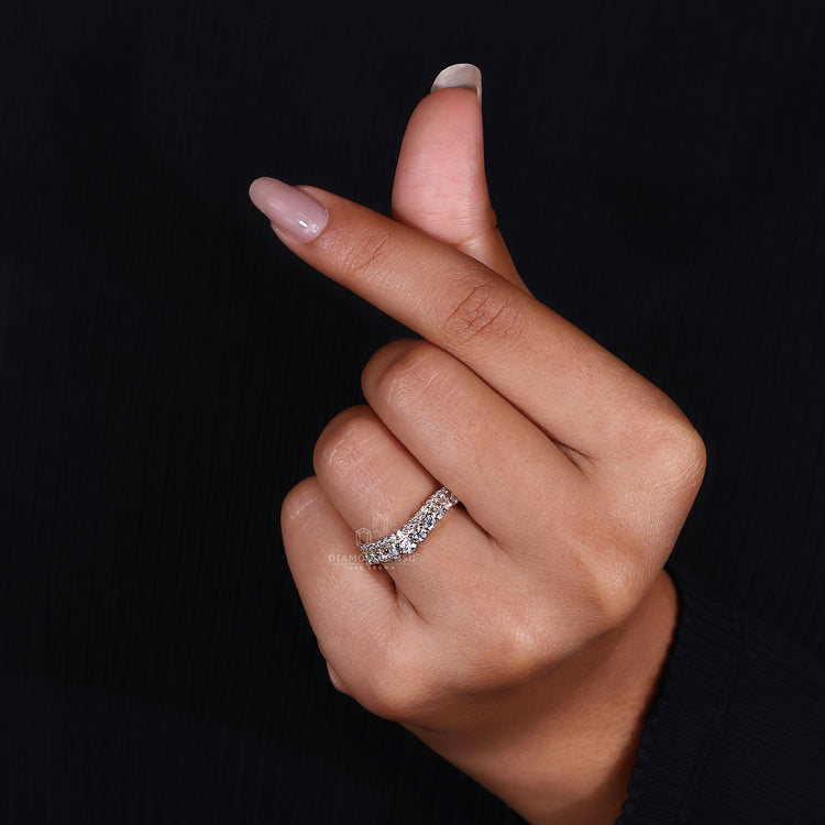 Yellow gold half eternity curved wedding band.
