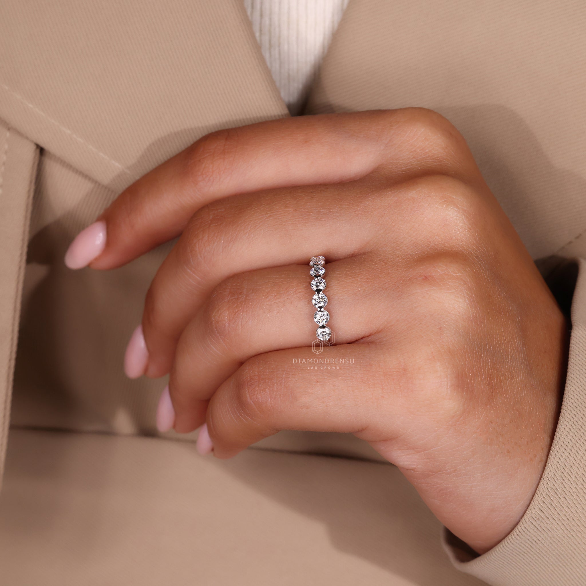 Shared Prong Wedding band with round diamond
