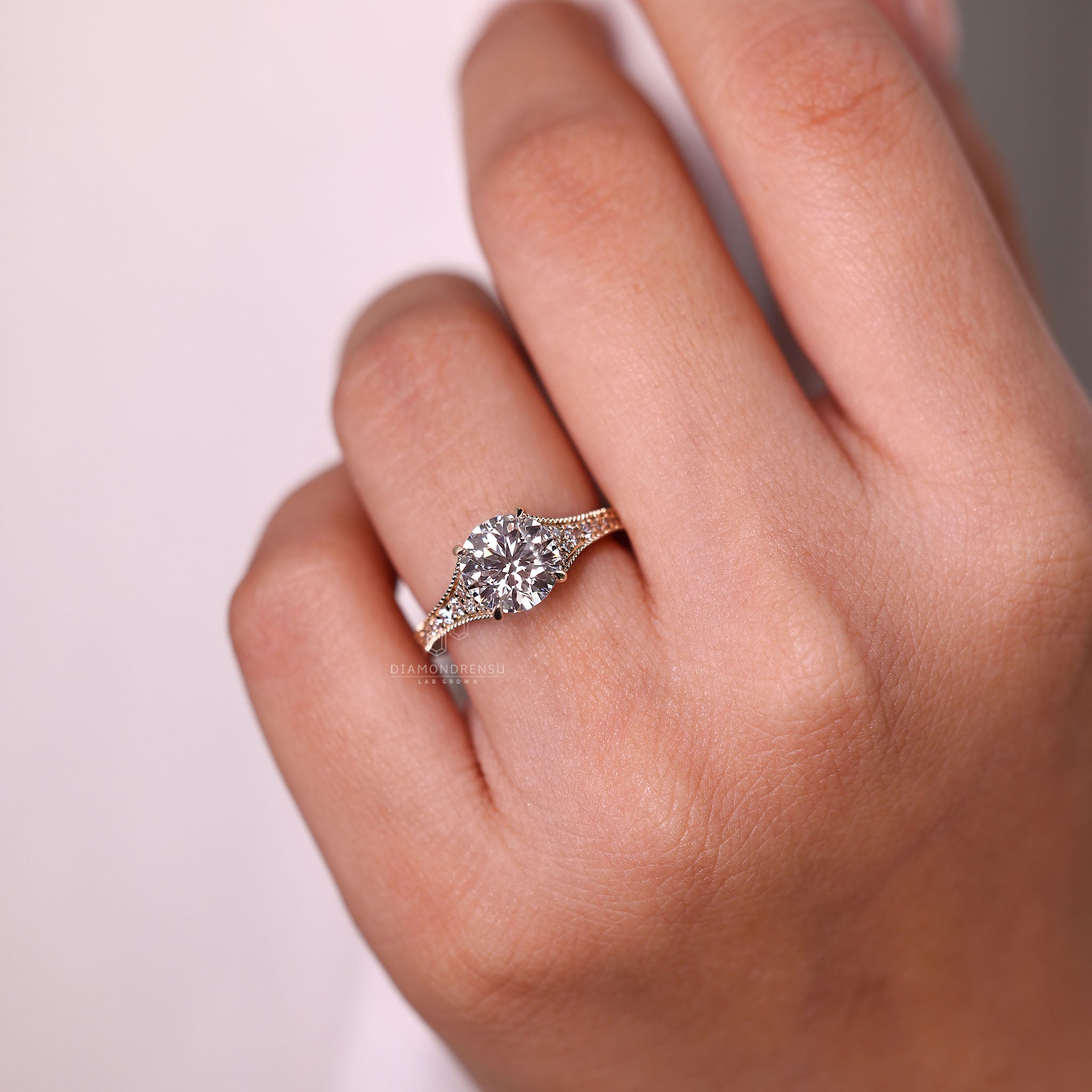 Bridge accent engagement ring with sparkling stones.
