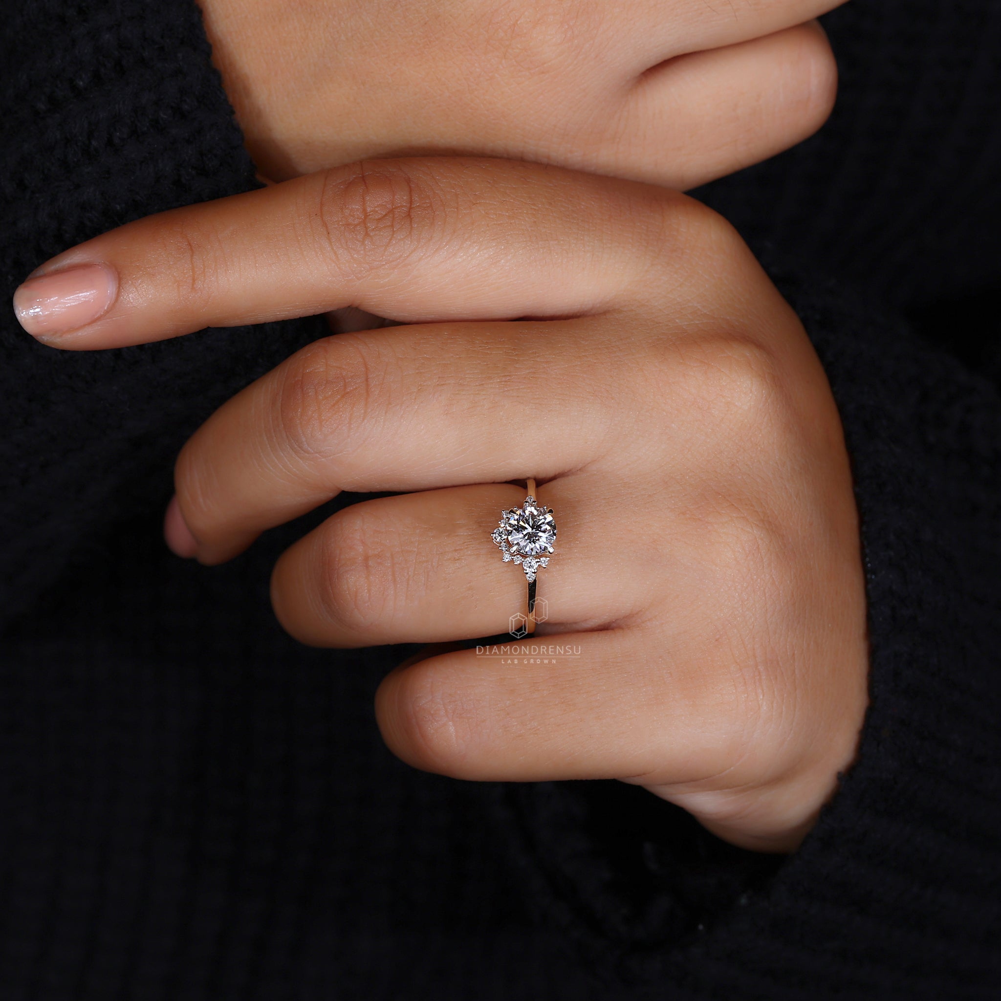 Elegant half halo style ring with round center.
