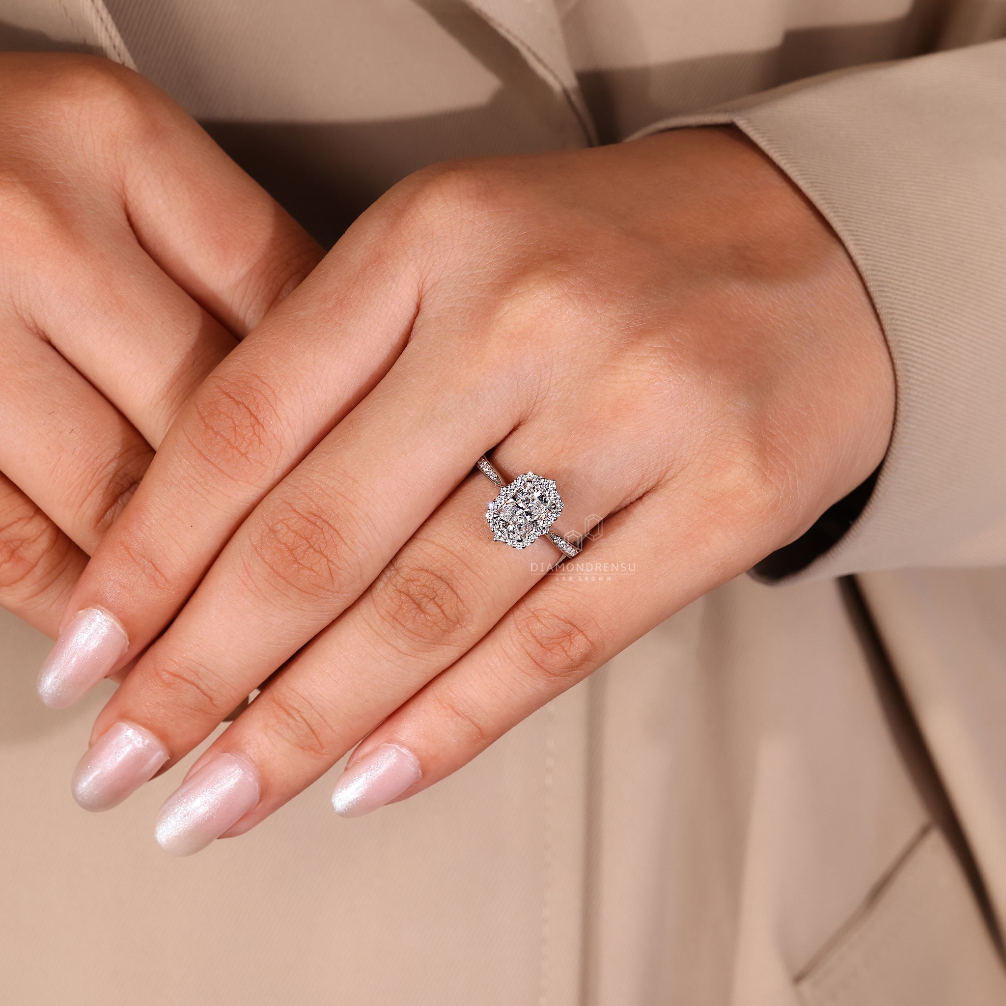 Buy engagement ring with radiant cut and halo style.
