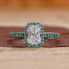 Radiant engagement ring with a halo pavé setting.
