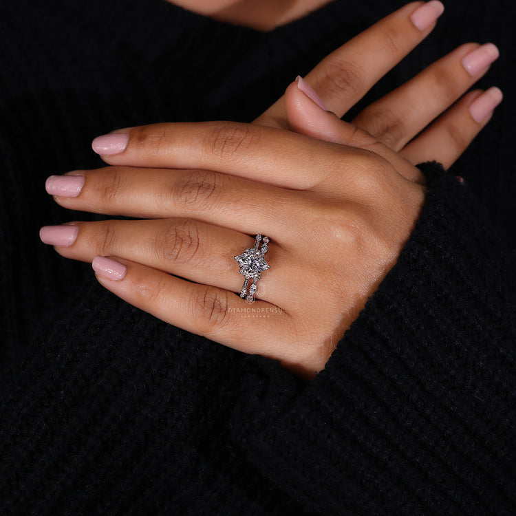 Milgrain setting on vintage engagement ring with full eternity band.
