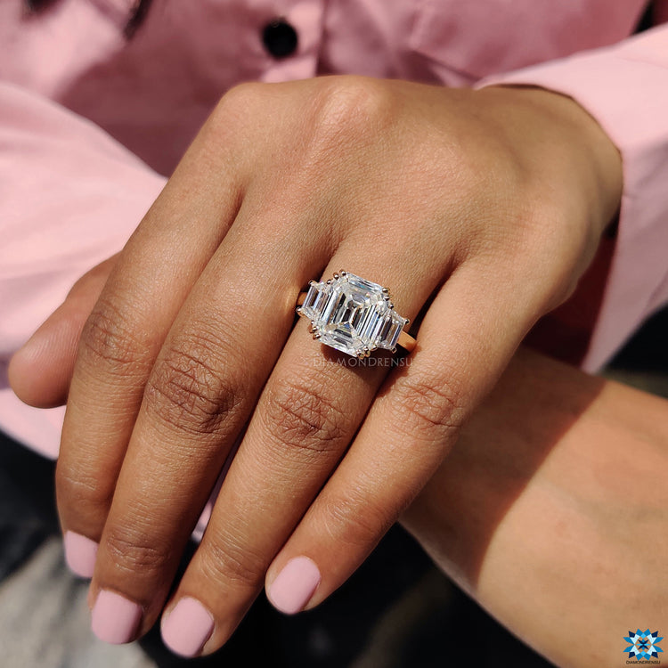 Moissanite for engagement ring in three stone style with double prongs.
