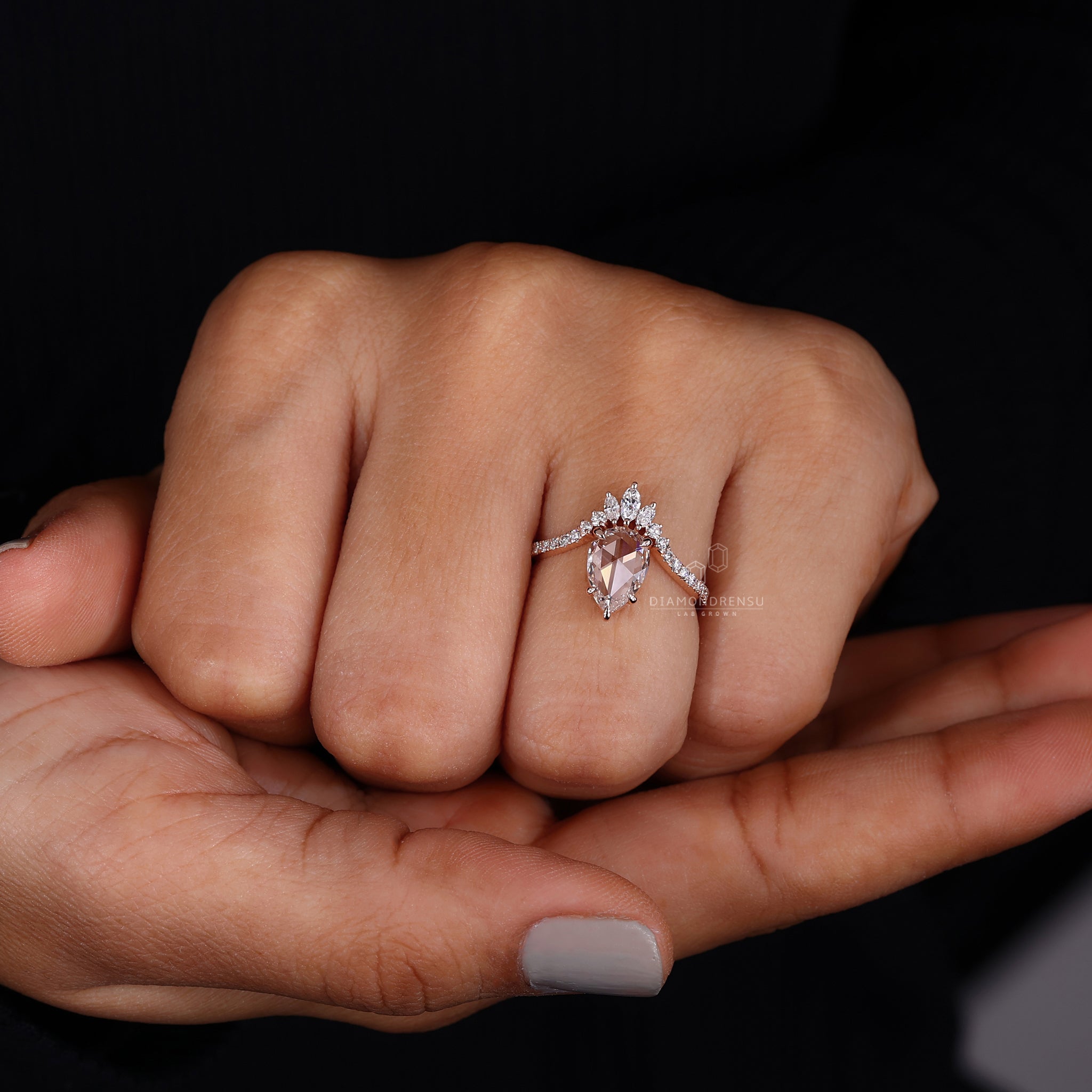 Pear Shaped Rose Cut Diamond Ring with a designer look and Lab Grown Diamond.