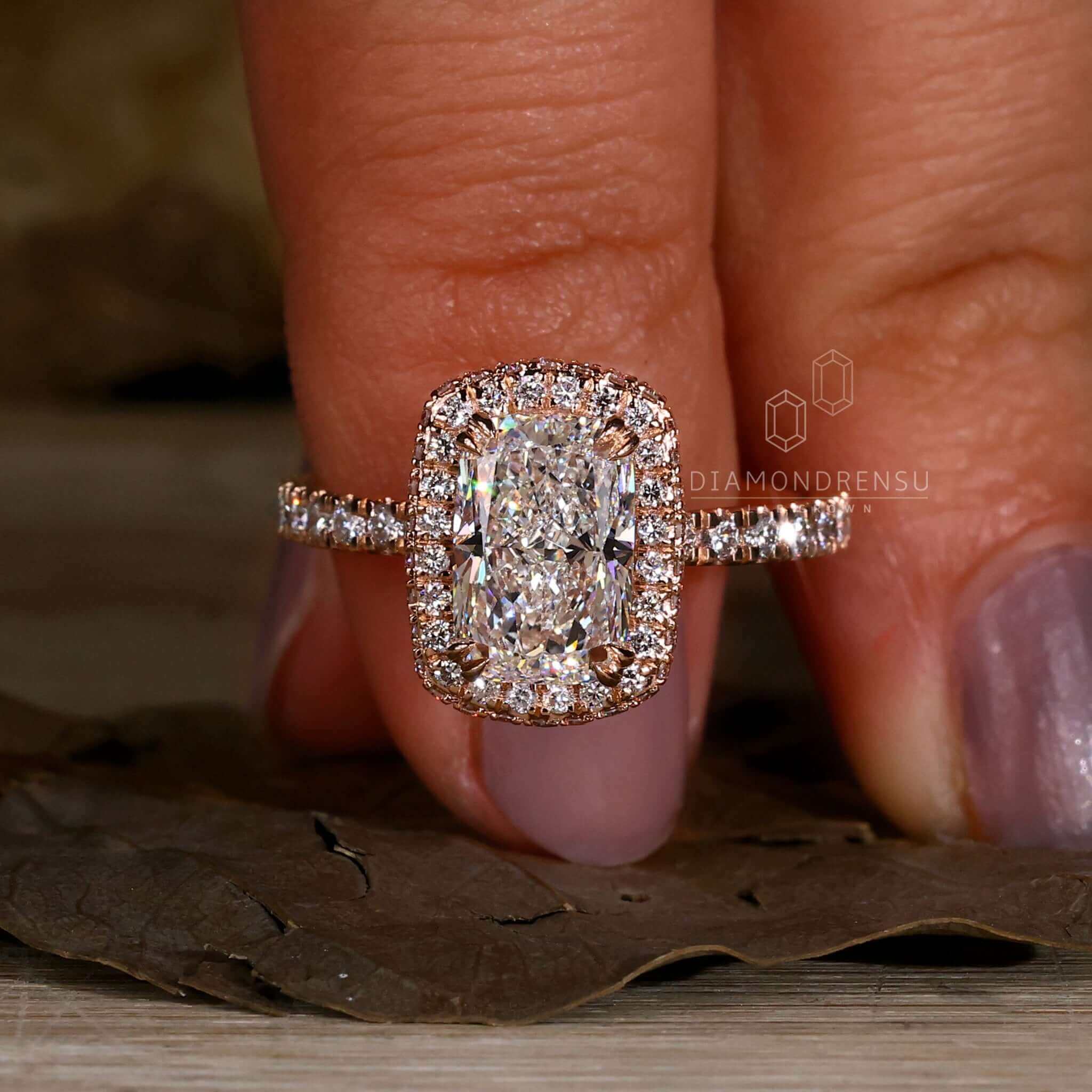 Elegant elongated cushion ring featuring lab-grown diamonds.