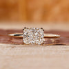 Hidden halo diamond ring with round cut hidden halo design.
