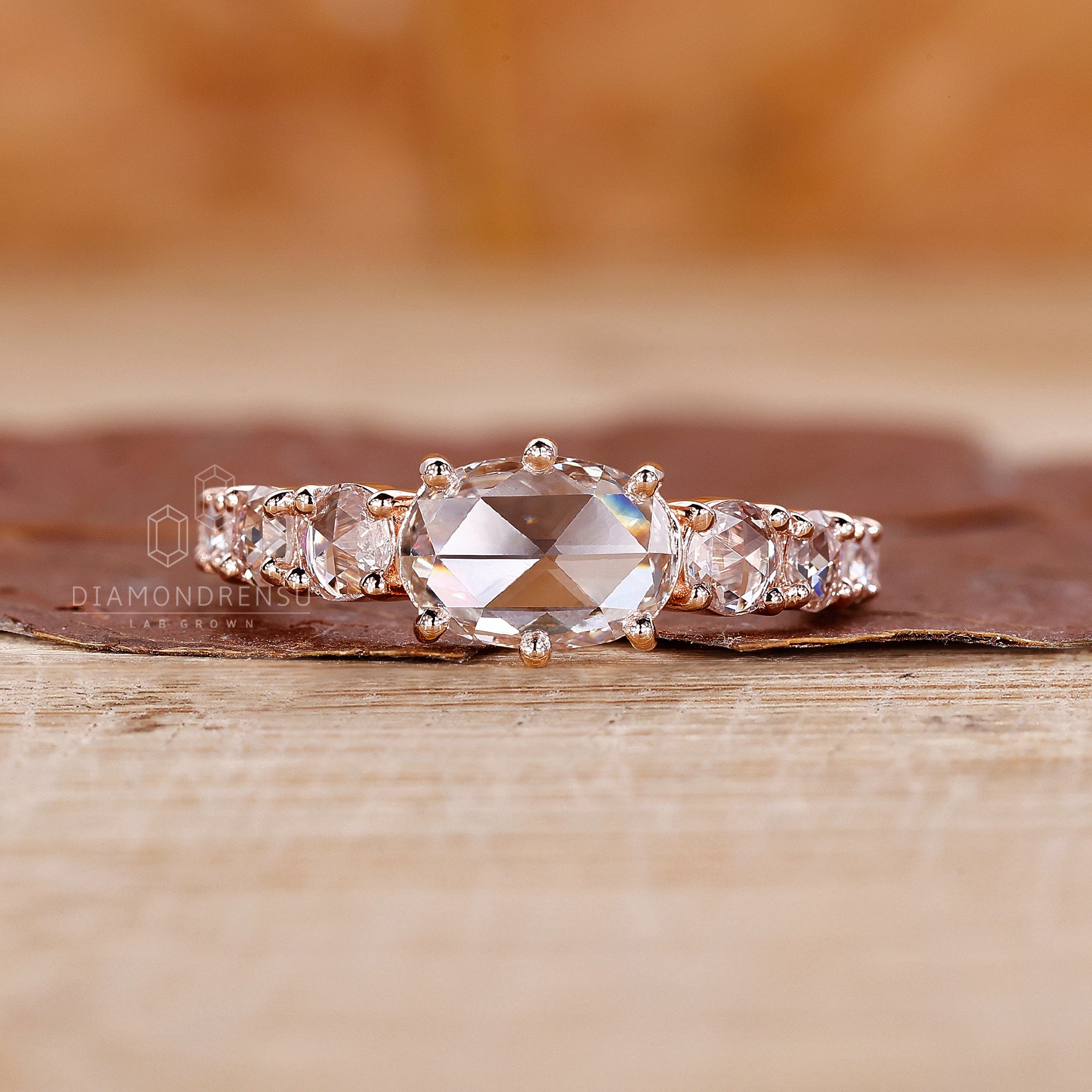 Round rose cut diamond ring with pave diamond ring
