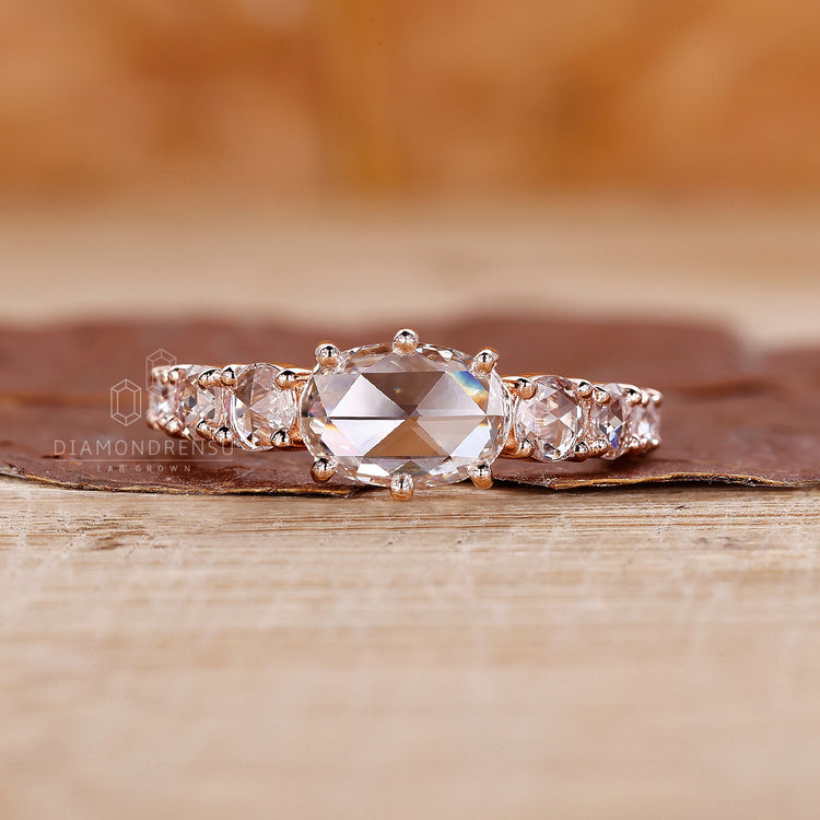 Round rose cut diamond ring with pave diamond ring
