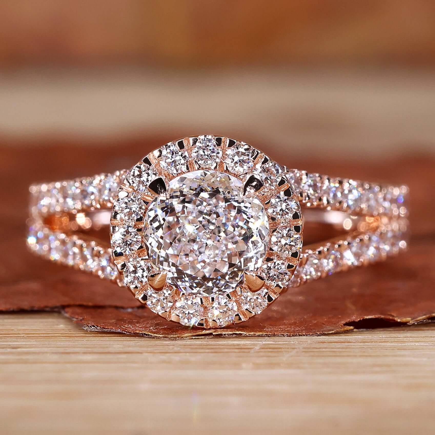 Halo diamond engagement ring sparkling in natural light