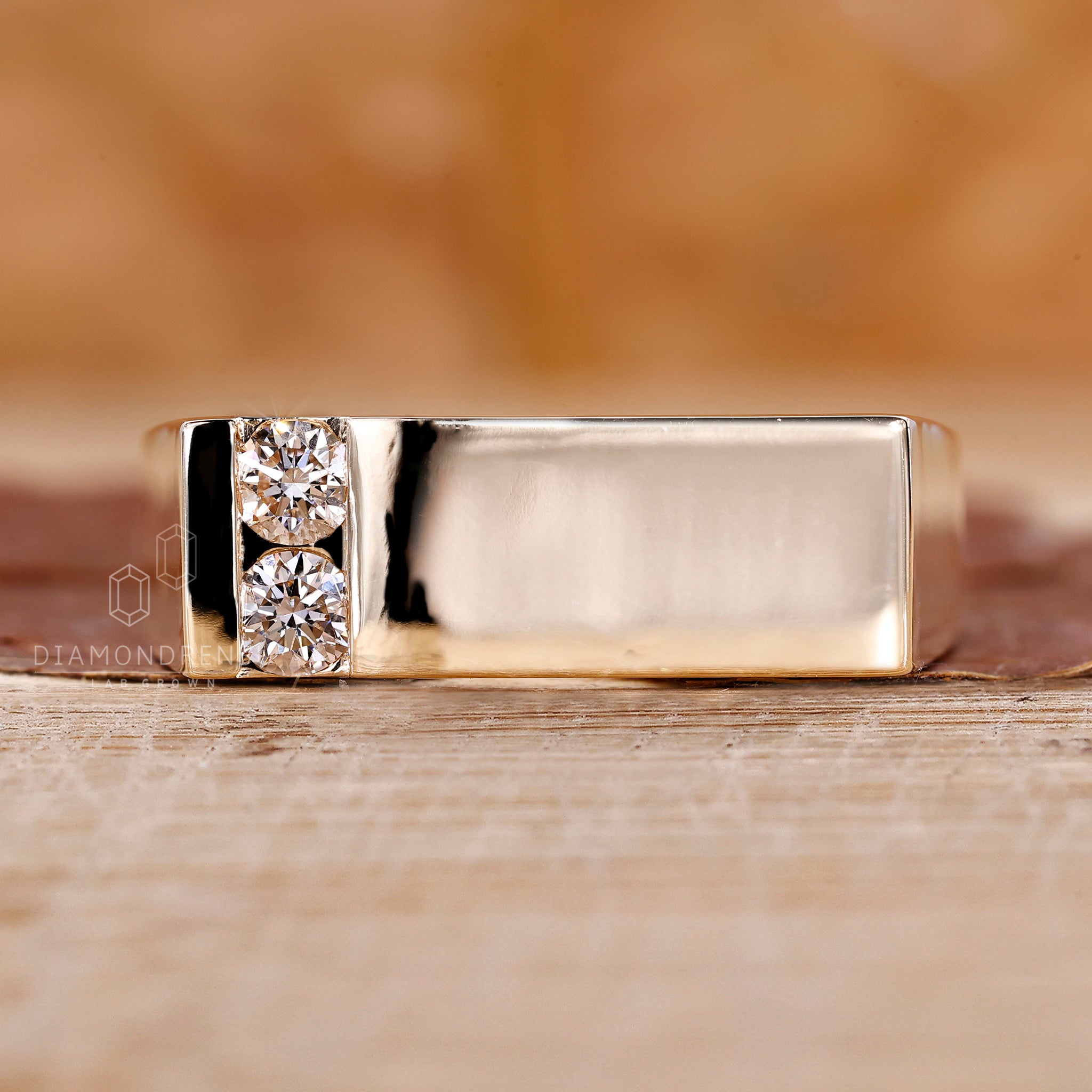 Round diamond mens ring with a 2 stone layout in a polished gold finish.
