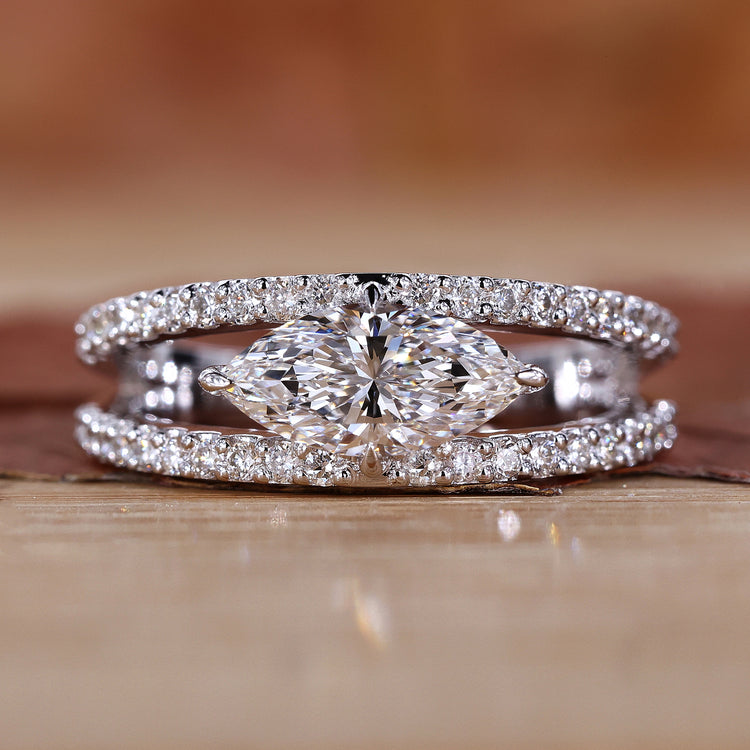 Marquise diamond ring in white gold design.
