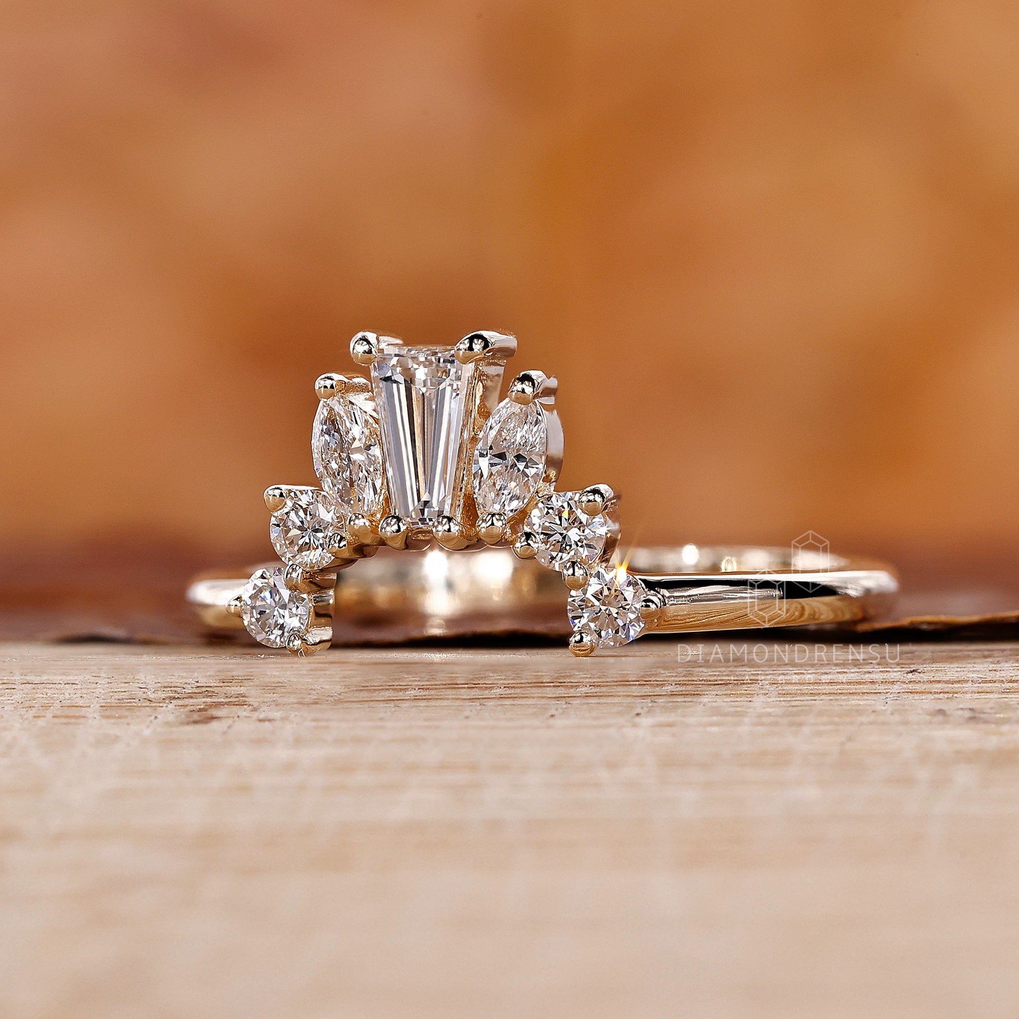 Yellow gold wedding band with marquise design
