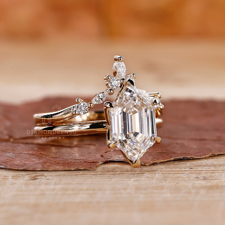 Tiara wedding band with crown diamond band in yellow gold bridal set.
