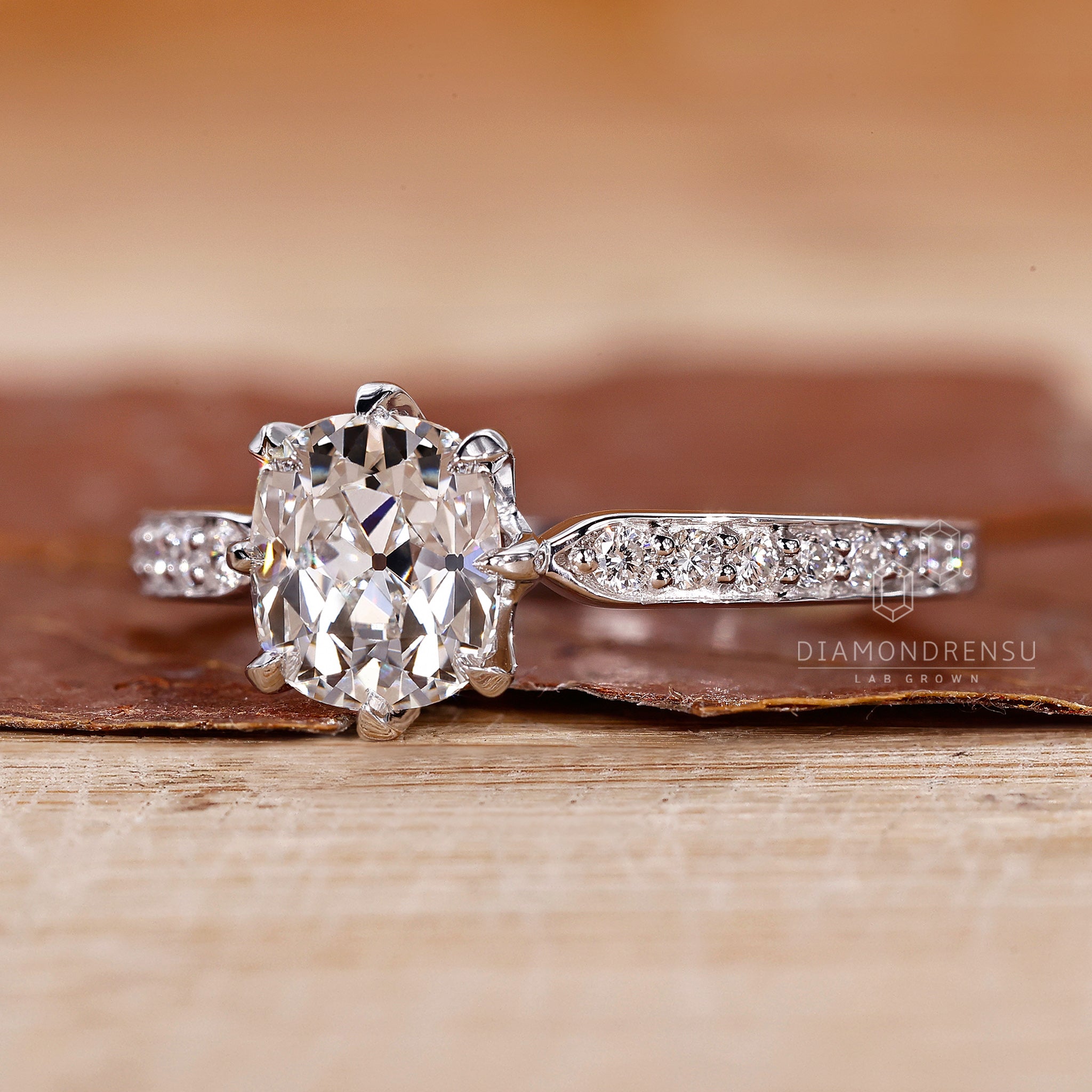Old mine cushion cut diamond engagement ring with round diamond in pave band.
