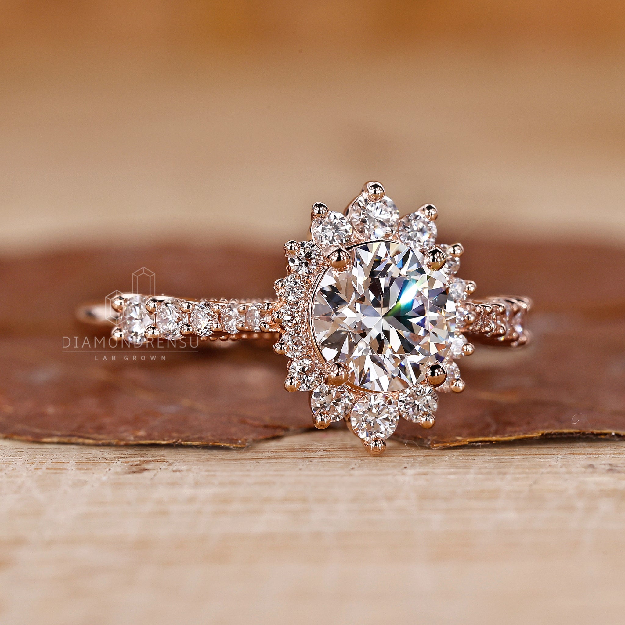 UK engagement ring with lab grown halo diamond.
