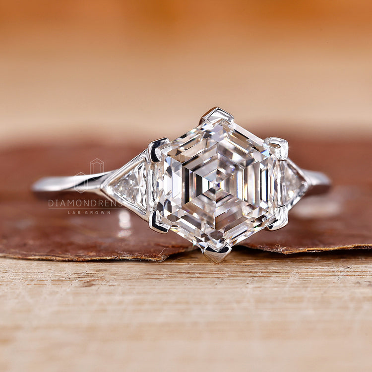 Lab grown hexagon diamond ring with IGI certification
