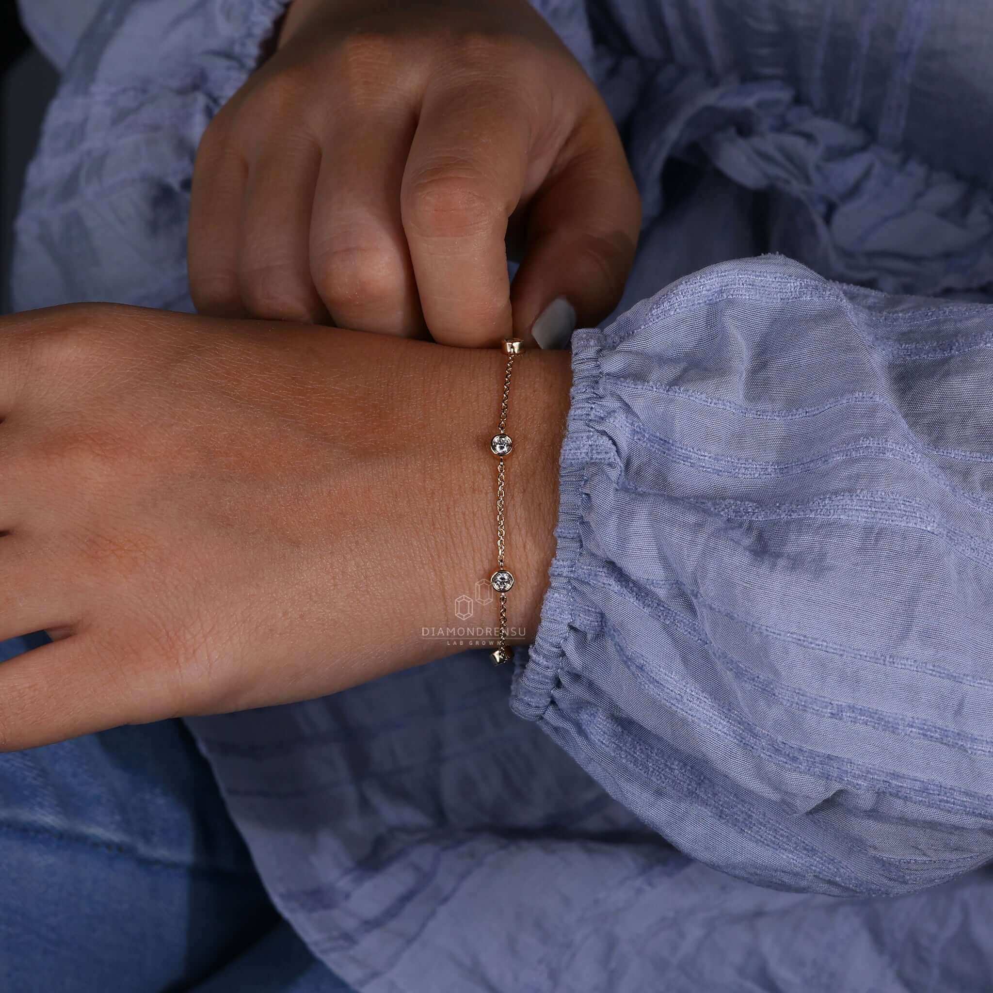 Model wearing a diamond bezel bracelet, highlighting the bezel setting