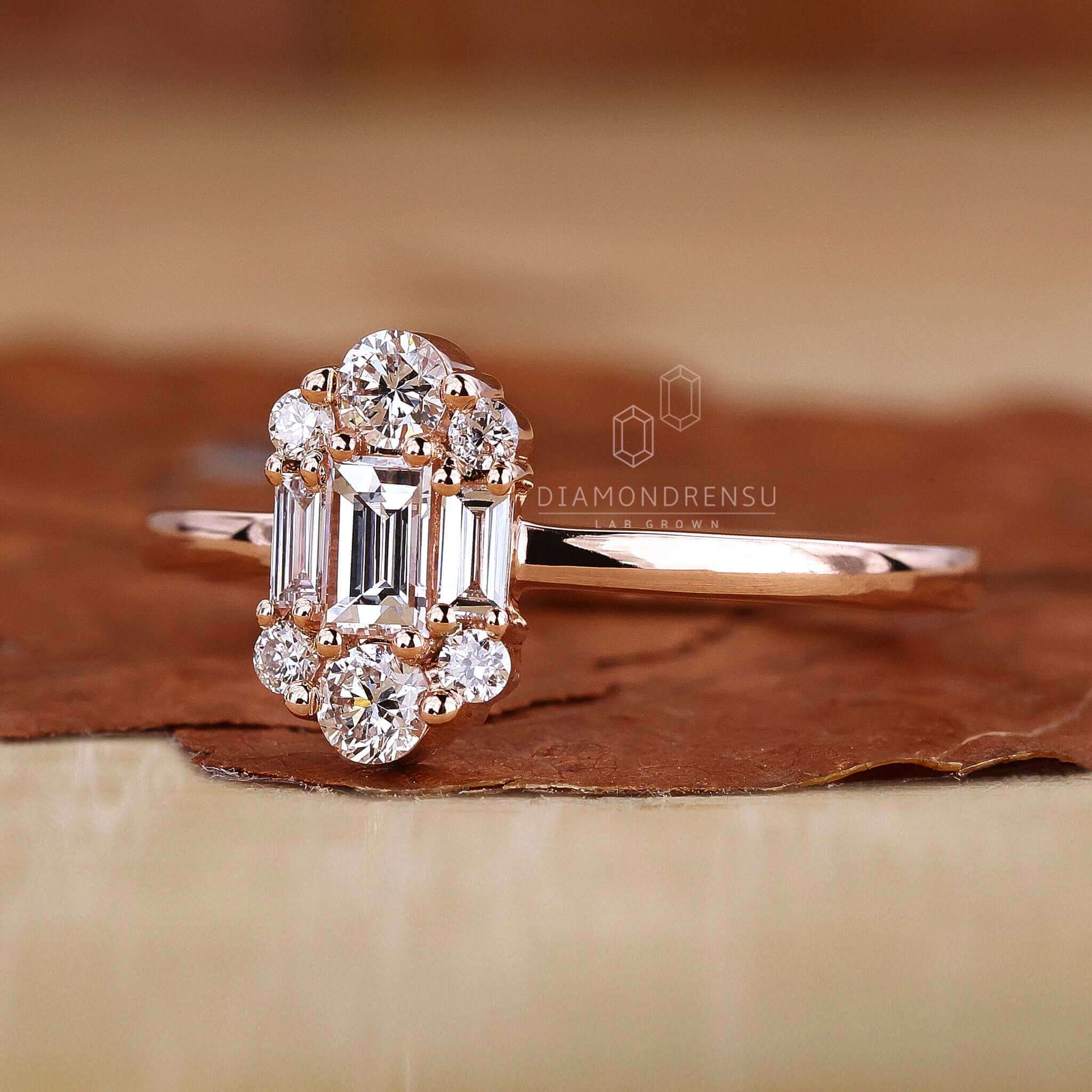 Stunning baguette engagement ring with brilliant detailing for a unique sparkle.