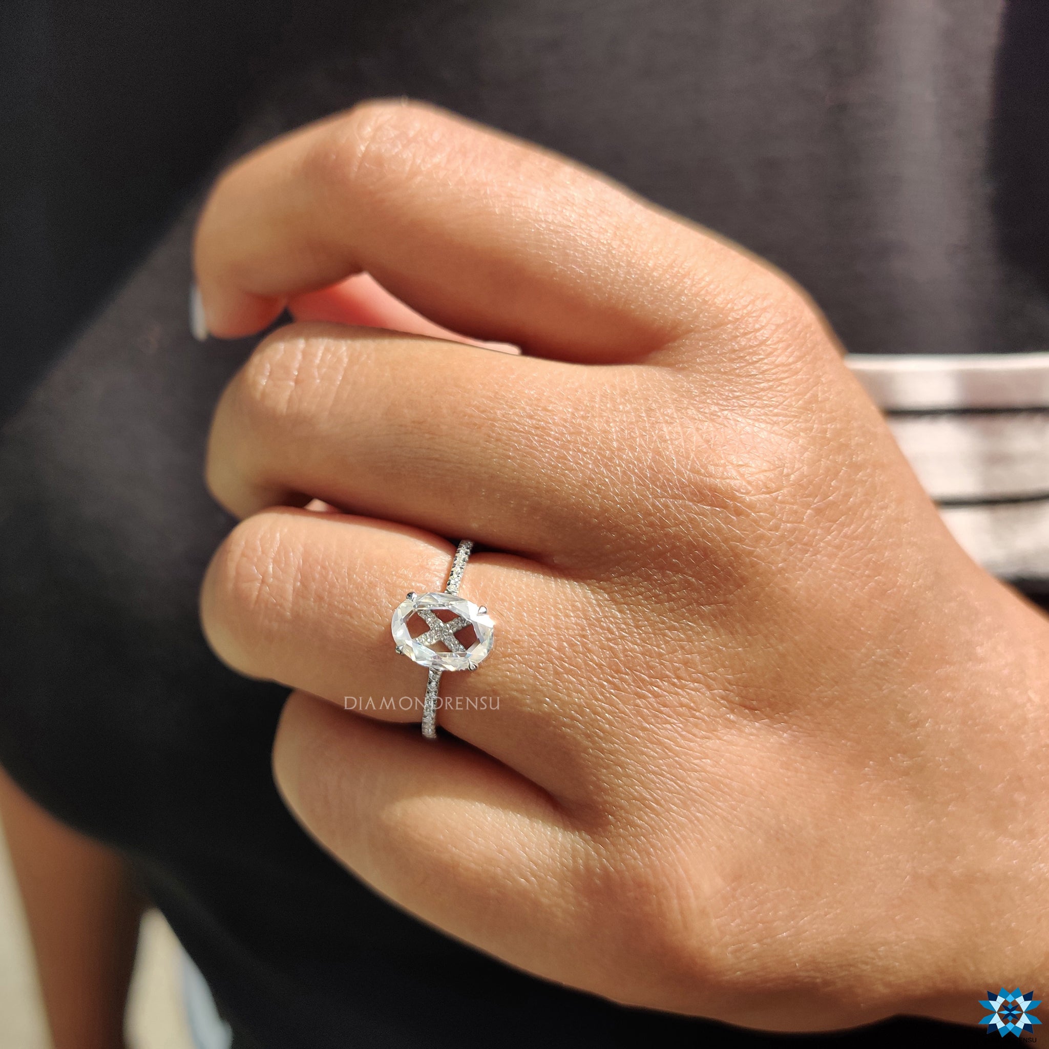 Handmade jewelry oval rose cut ring with white gold and pave band.

