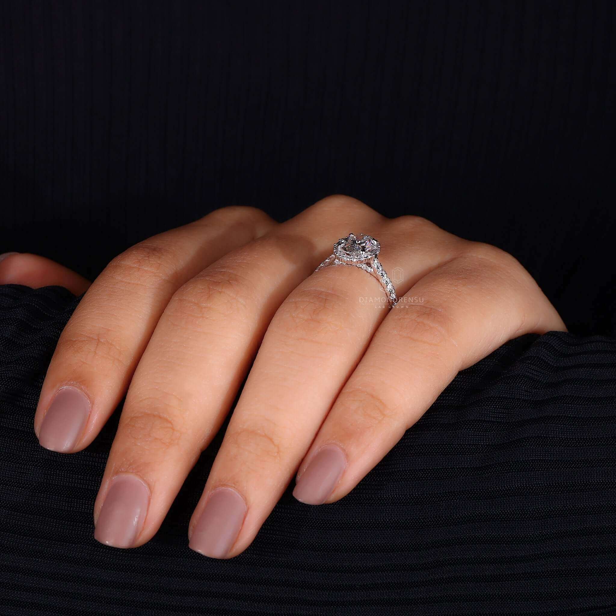 Model Wearing 1 Carat Oval Diamond Ring with Pave Diamonds