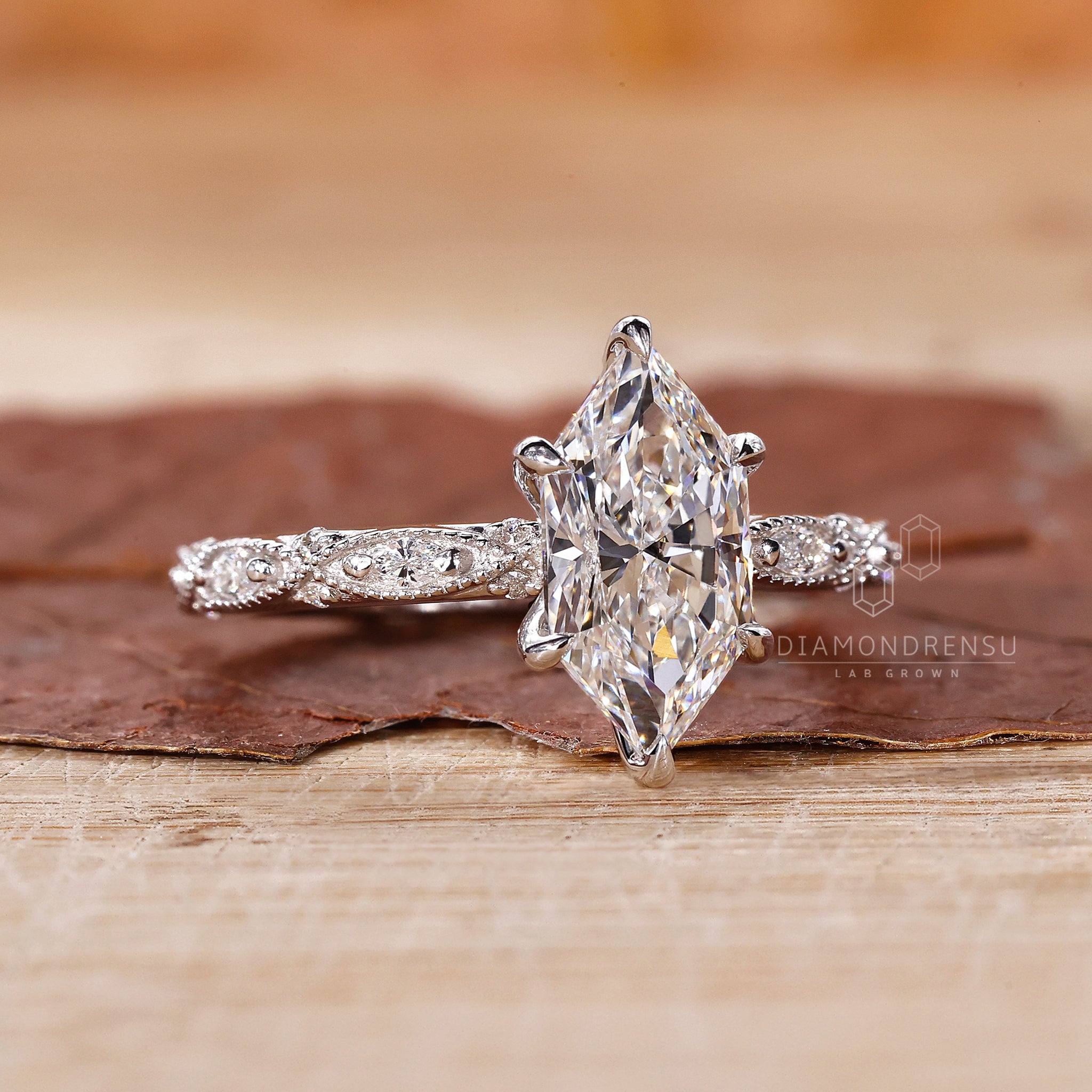 Prong setting used in classic white gold ring.
