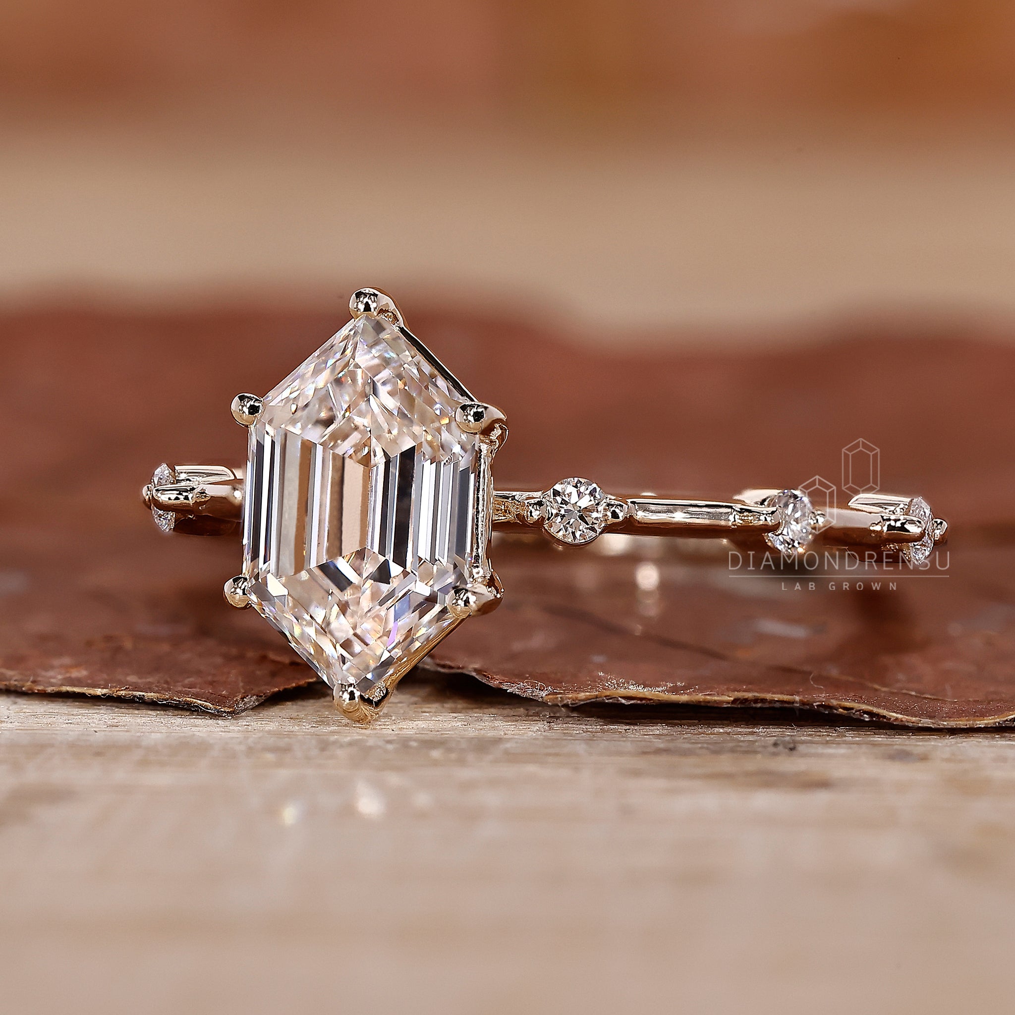Handmade ring featuring lab grown diamond stones.
