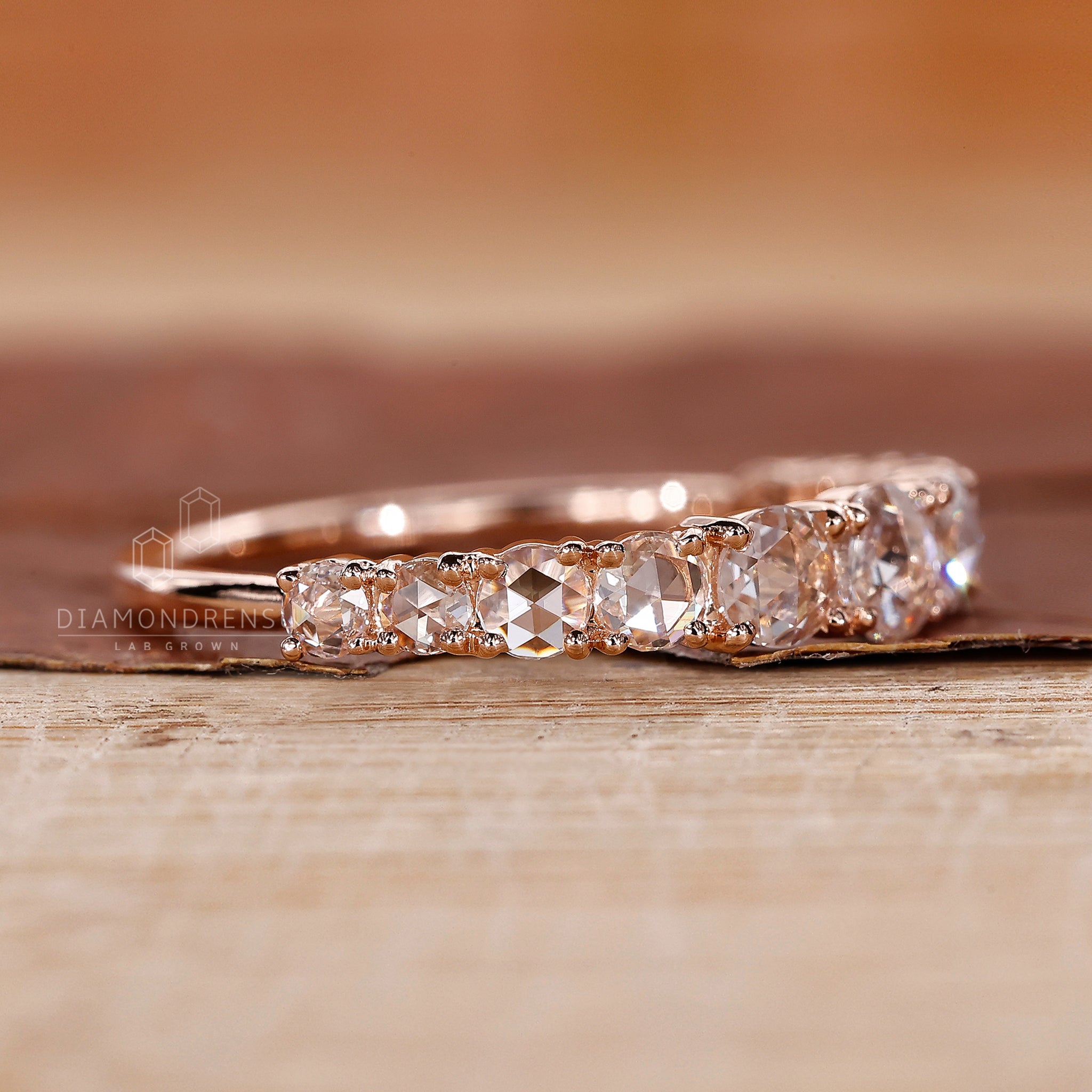Lab grown rose cut diamond wedding band.
