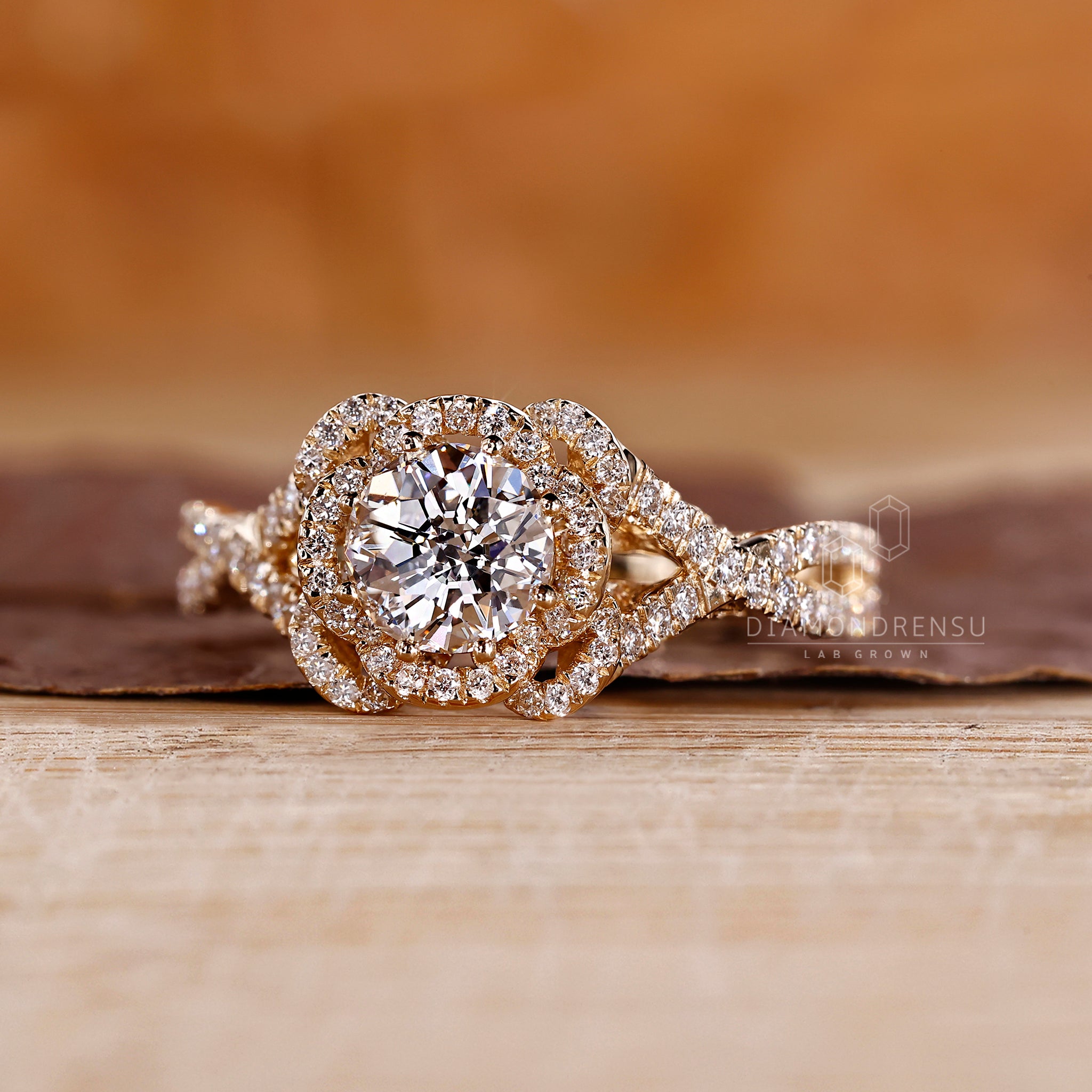 Twisted pave diamond ring in prong setting.
