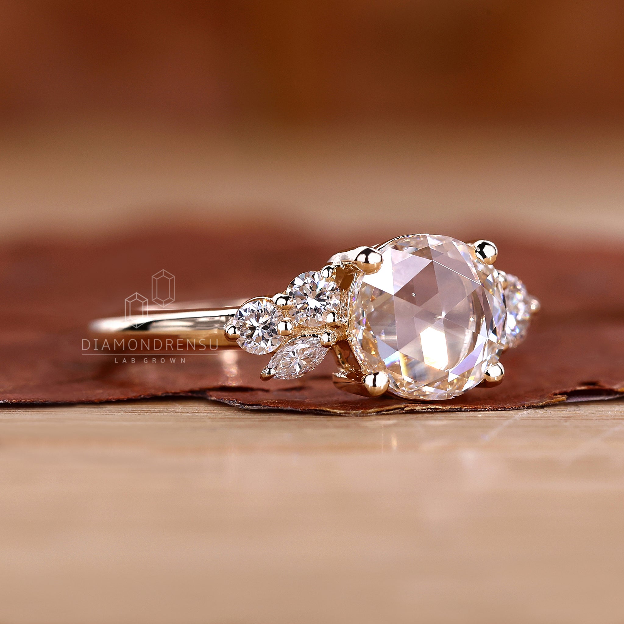 Muse ring one shows a unique look with round rose cut.
