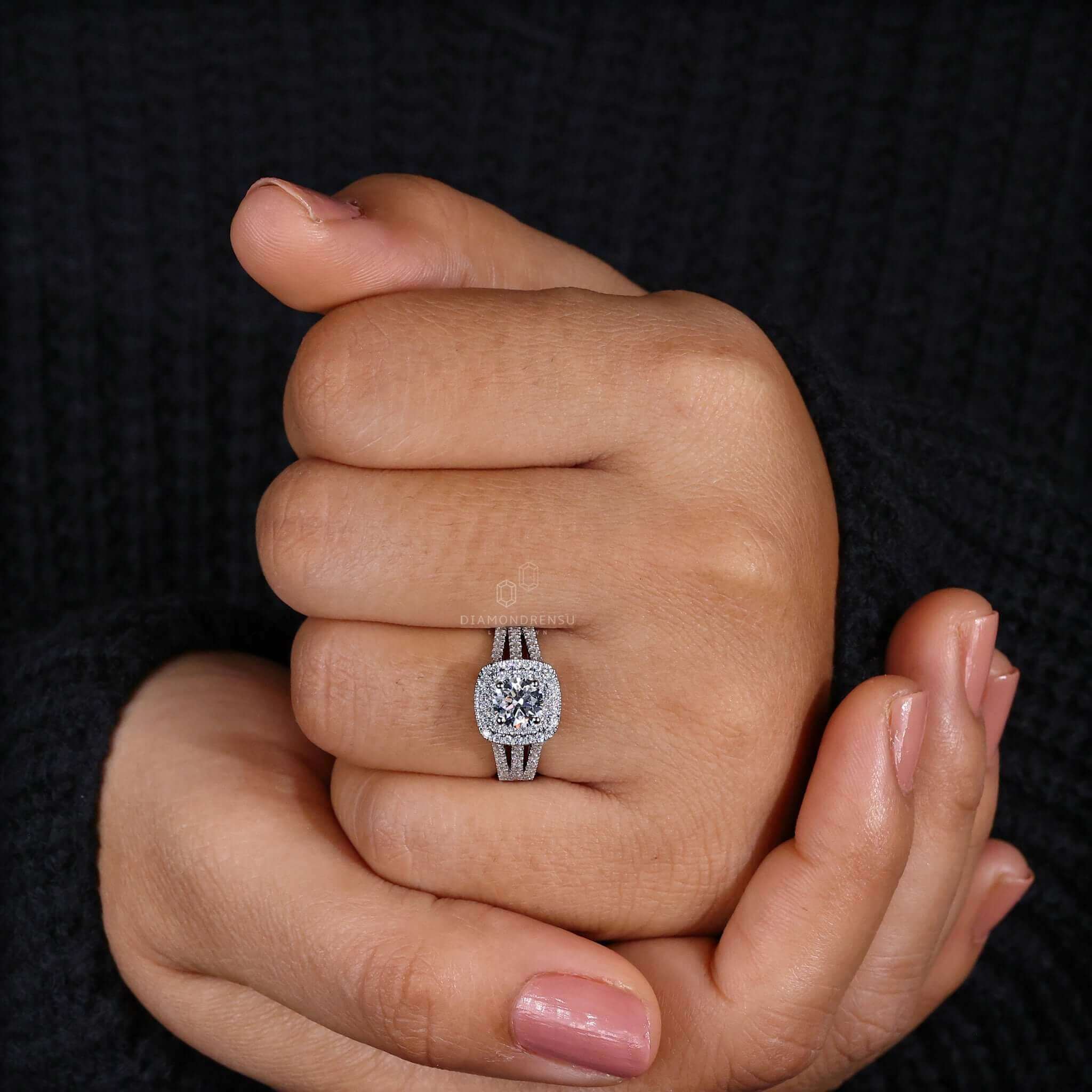 3 row pave engagement ring with intricate detailing.