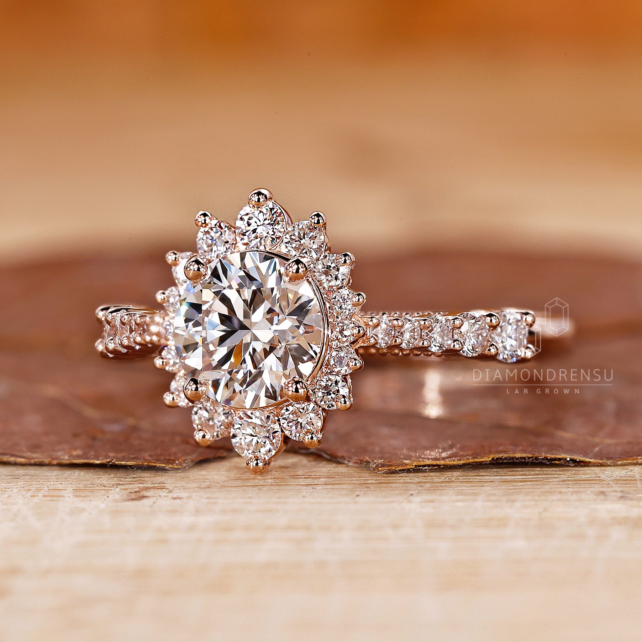 Pavé setting ring with intricate filigree details.
