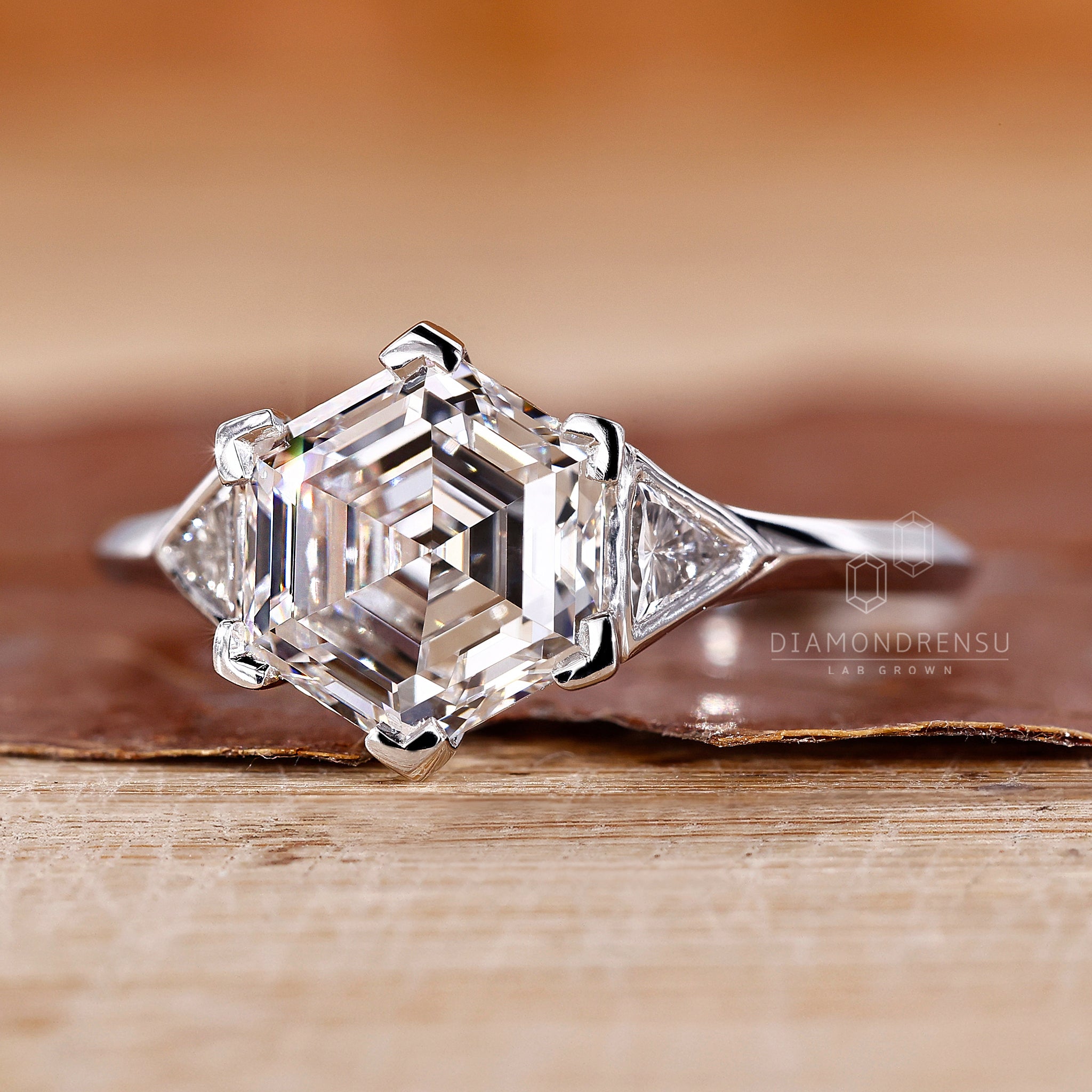 Knife edge shank band with hexagon and triangle diamonds