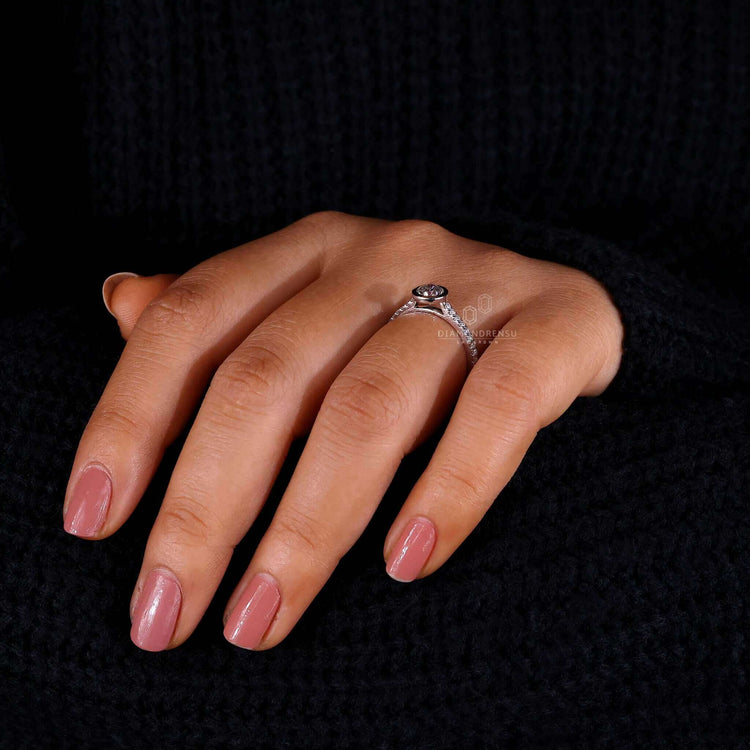 Pave diamond ring with a knife edge band and Lab Grown Diamond, crafted for a sophisticated engagement ring for women.
