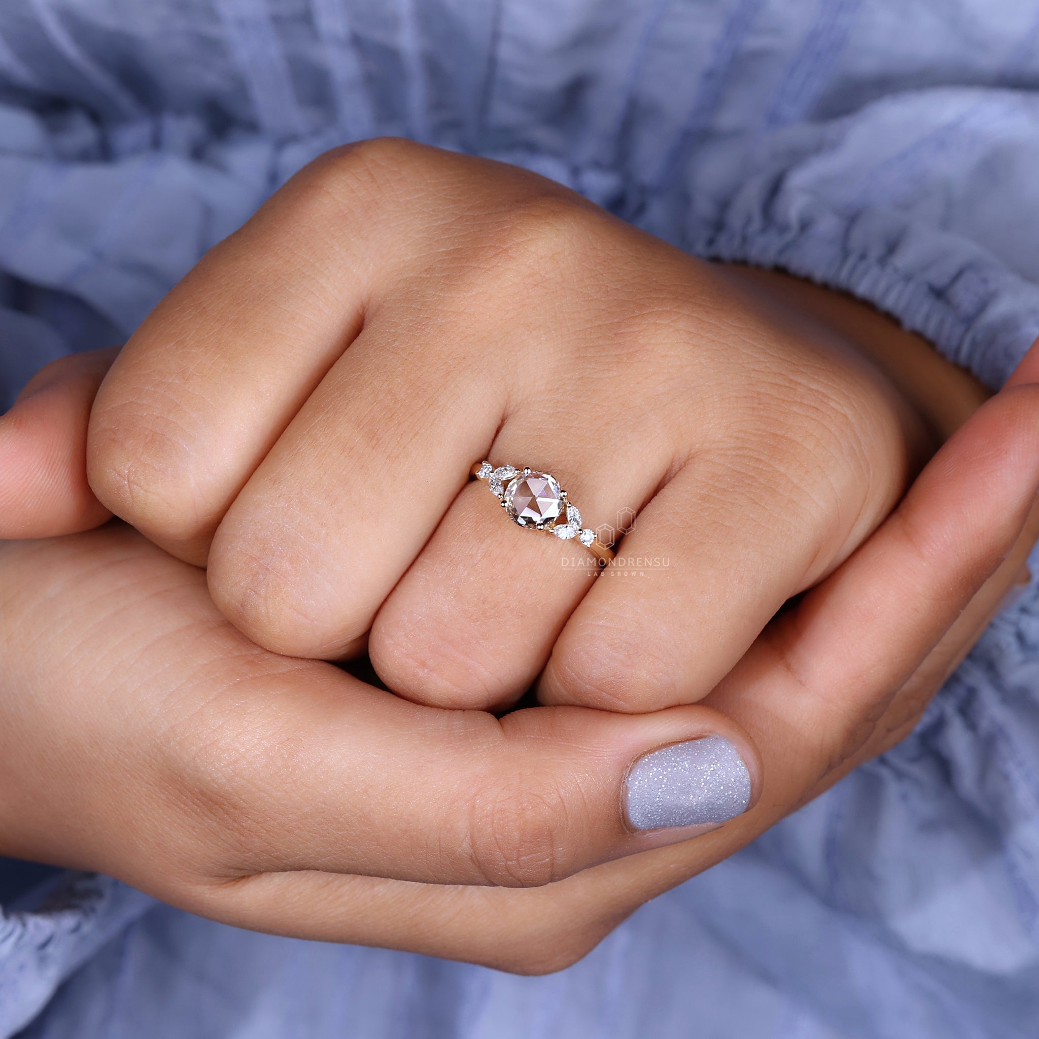 Yellow gold engagement ring featuring a rose cut diamond.