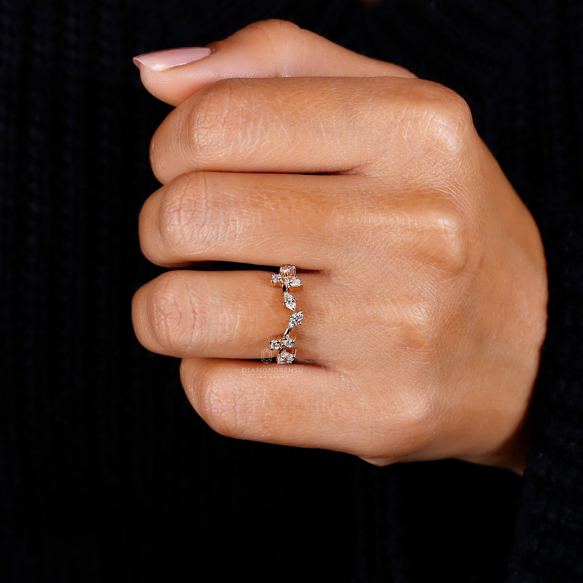 Model showcasing a Diamondrensu nature-inspired wedding ring with IGI certified diamonds