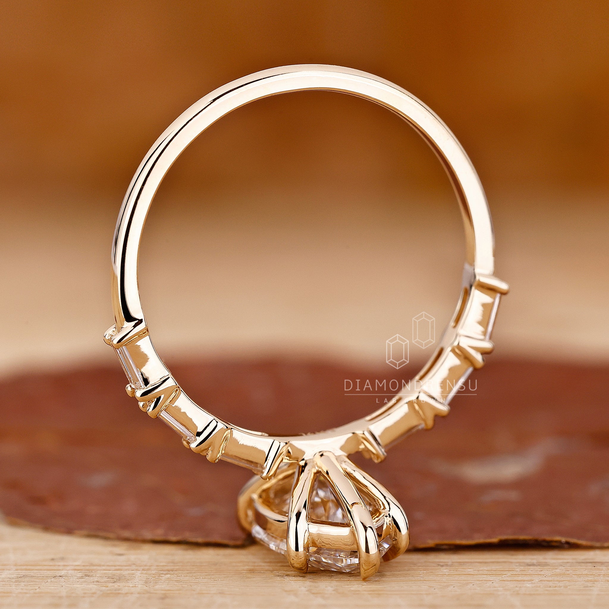 Unique engagement ring made using baguette and marquise cuts.
