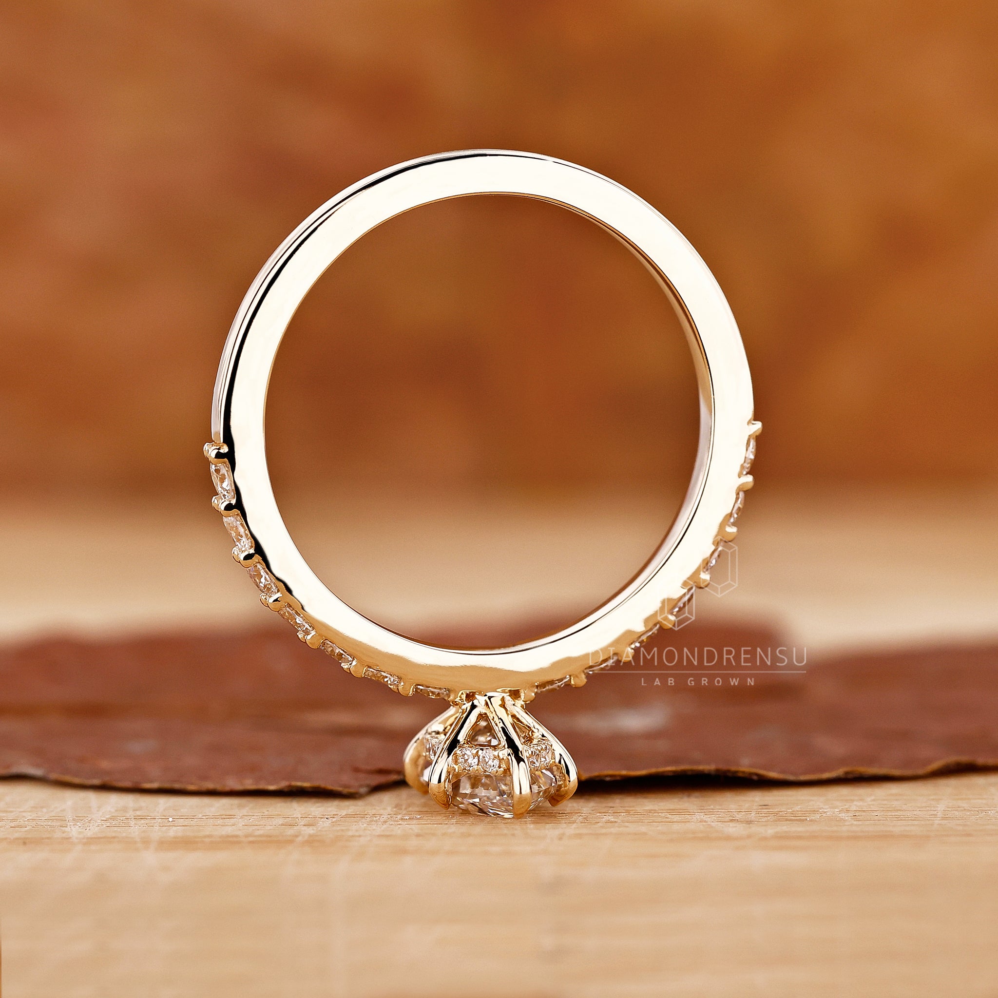 Unique engagement ring includes round cut diamond ring.
