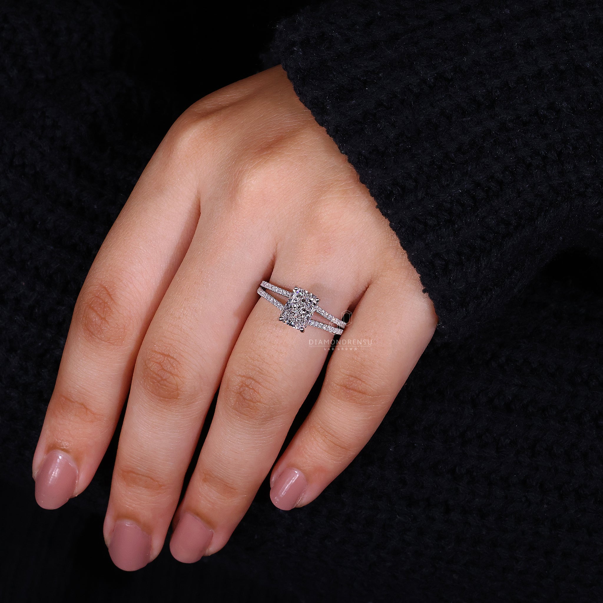 Cathedral setting ring crafted in white gold.
