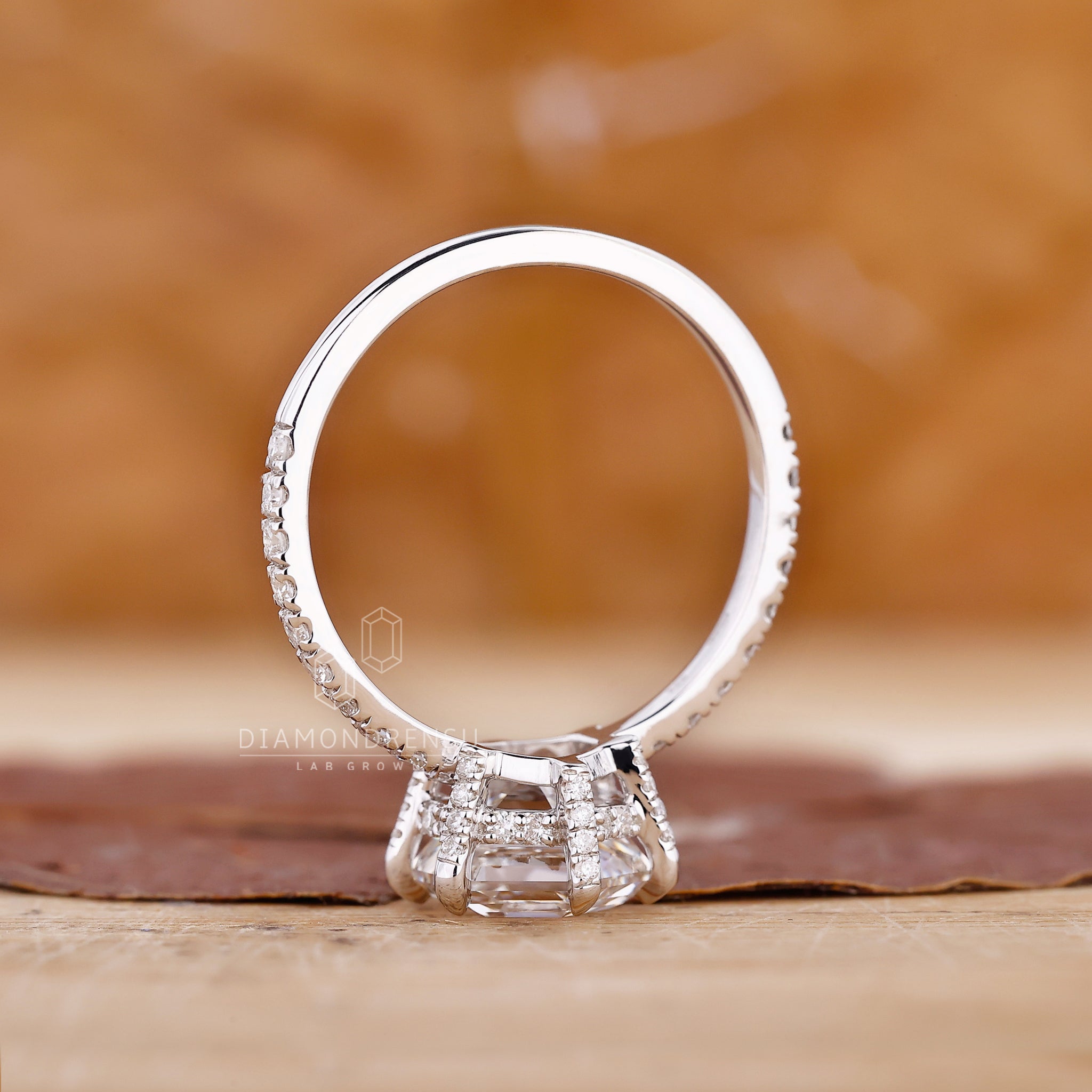 Hidden halo engagement ring with custom design and lab grown diamonds.
