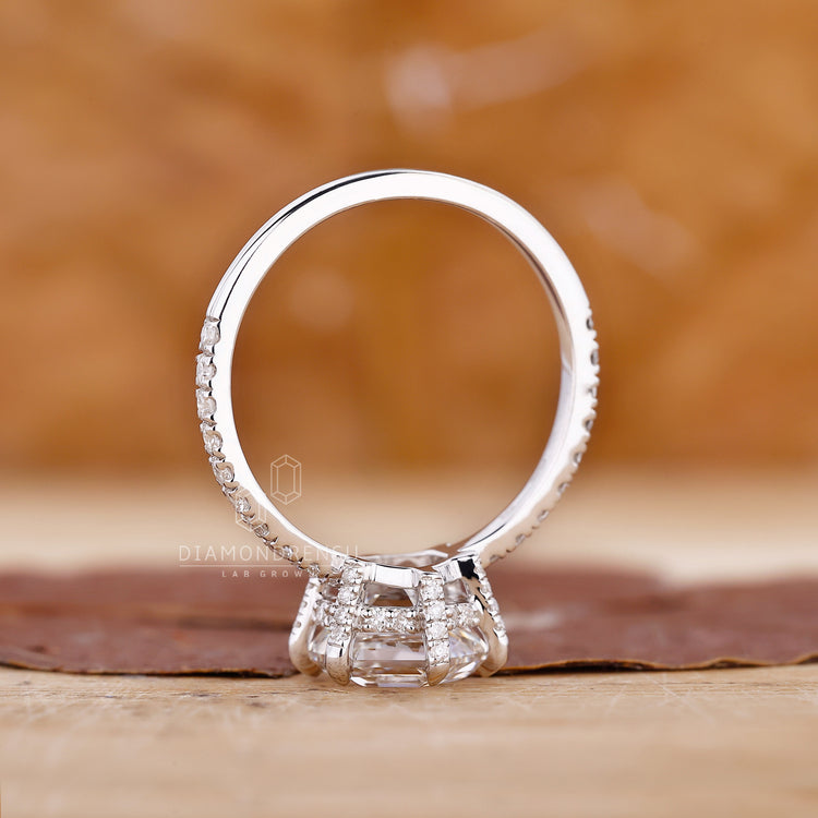 Hidden halo engagement ring with custom design and lab grown diamonds.

