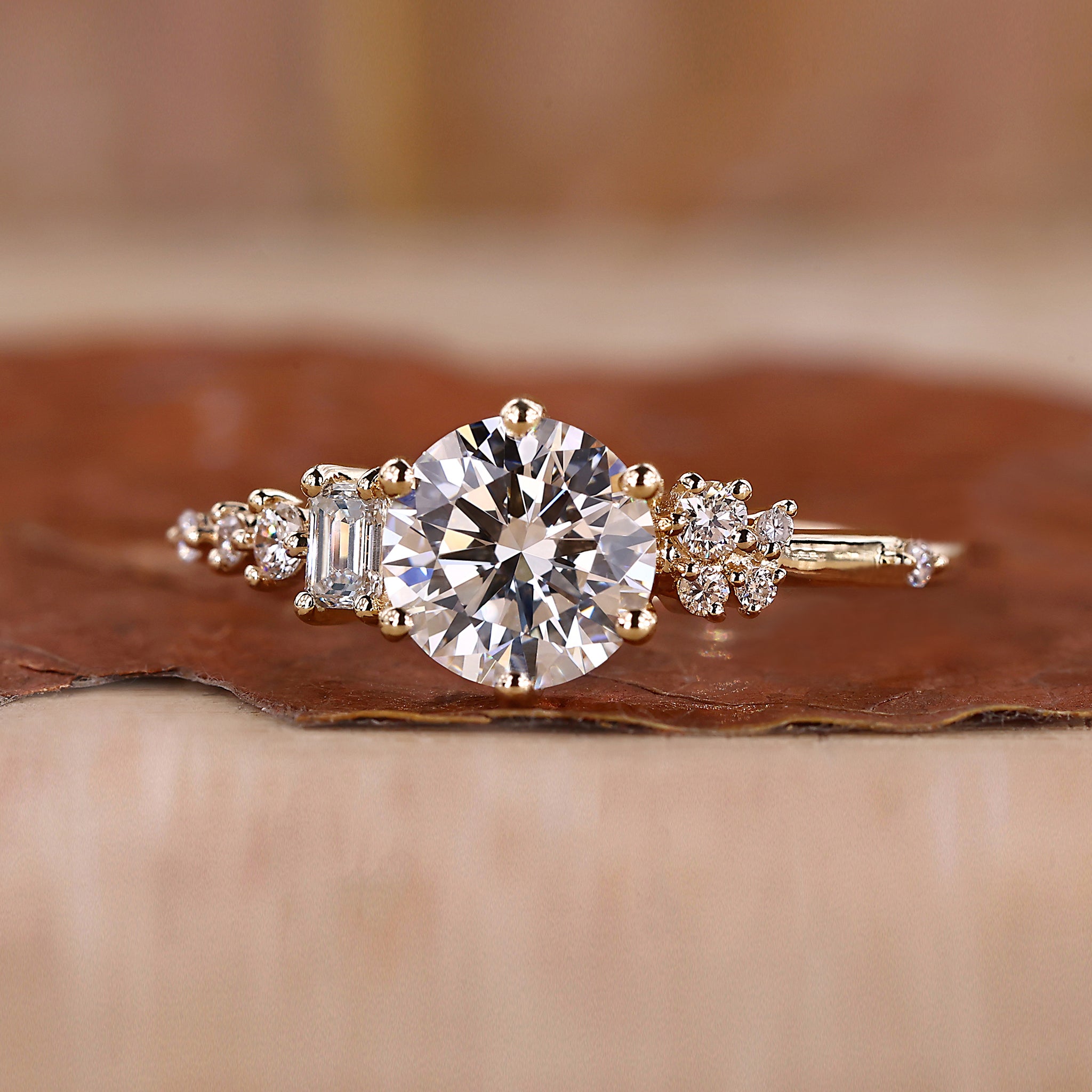 Round Cut Diamond Ring with emerald cut engagement ring
