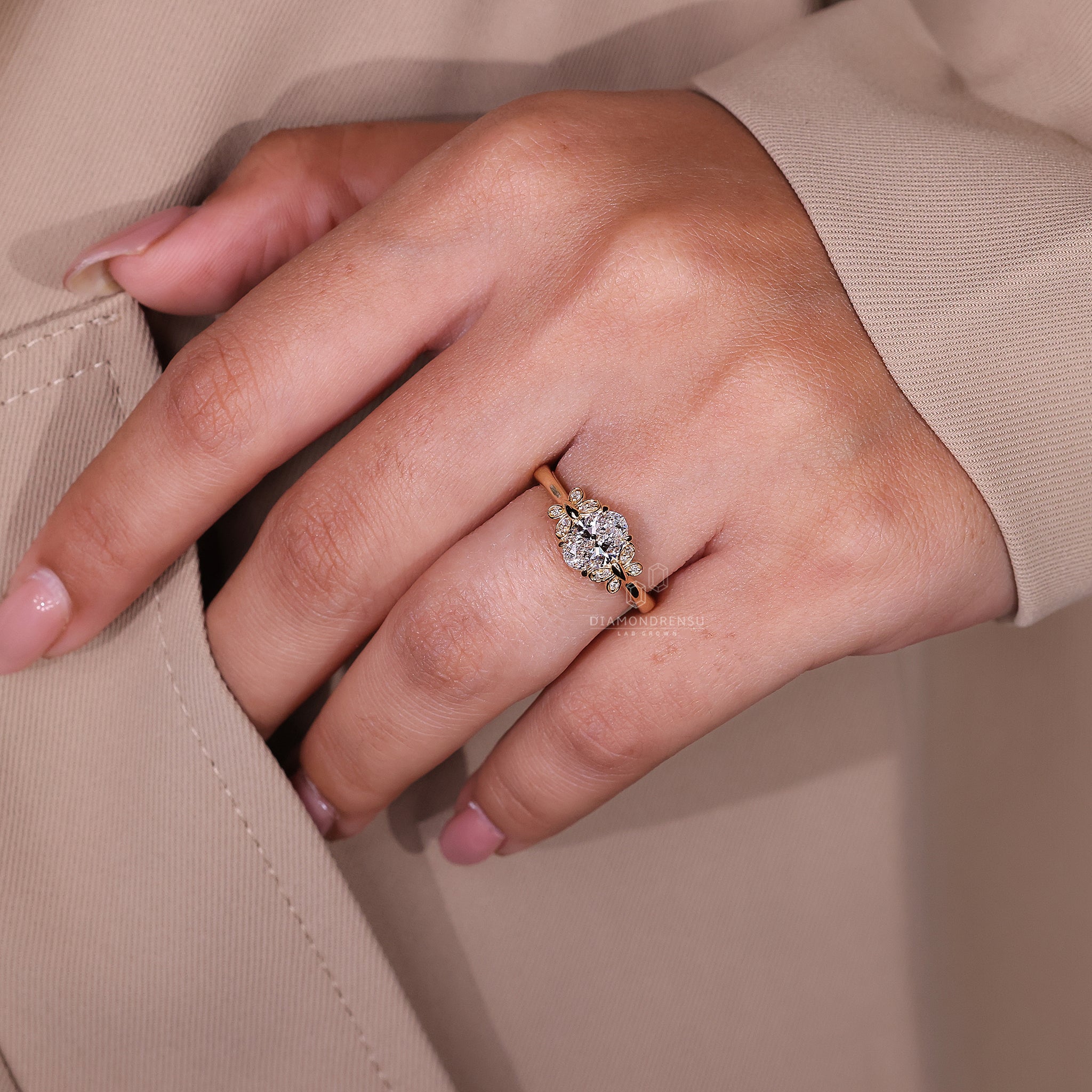 Unique engagement ring includes butterfly and prong setting.

