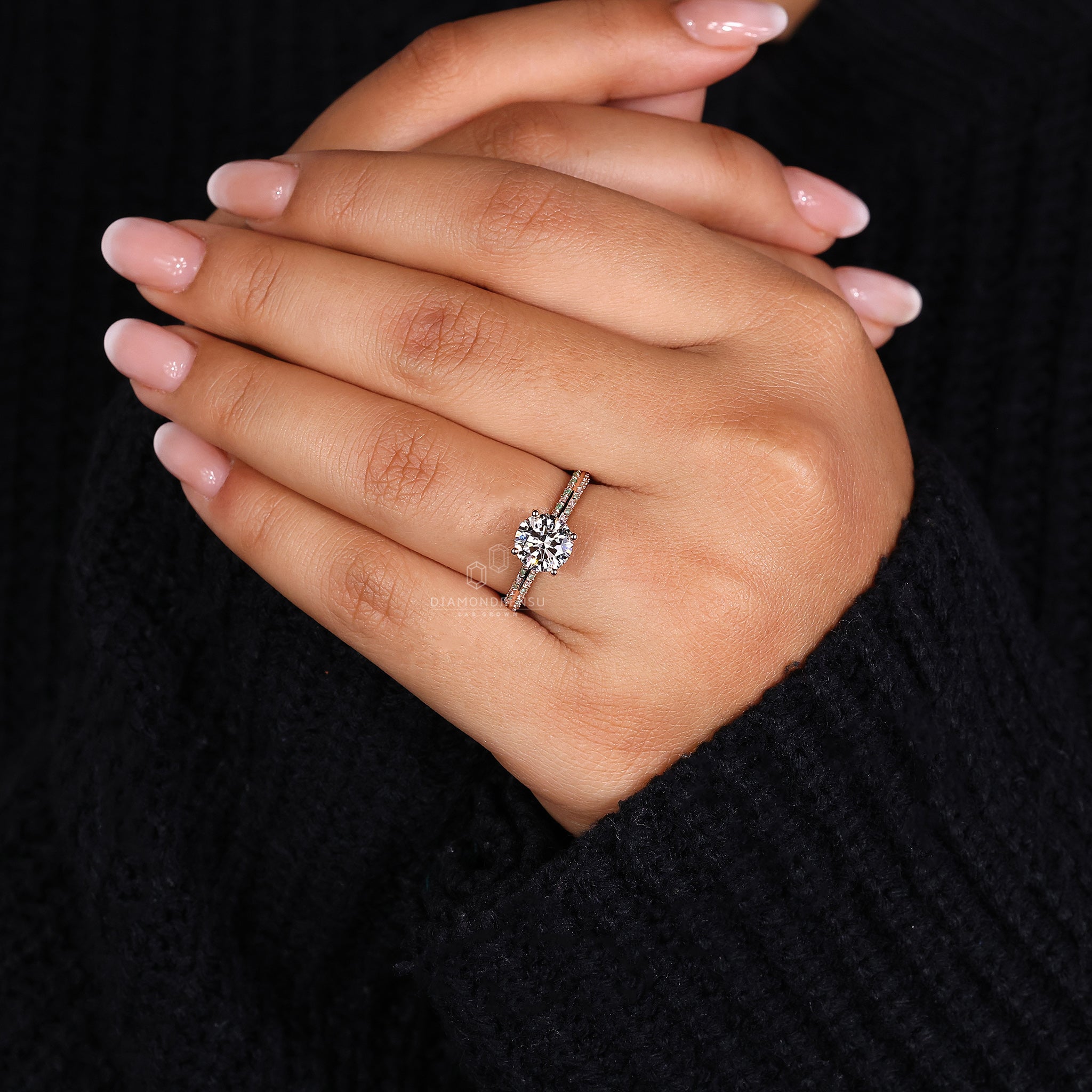 Custom engagement ring with gold diamond rose ring
