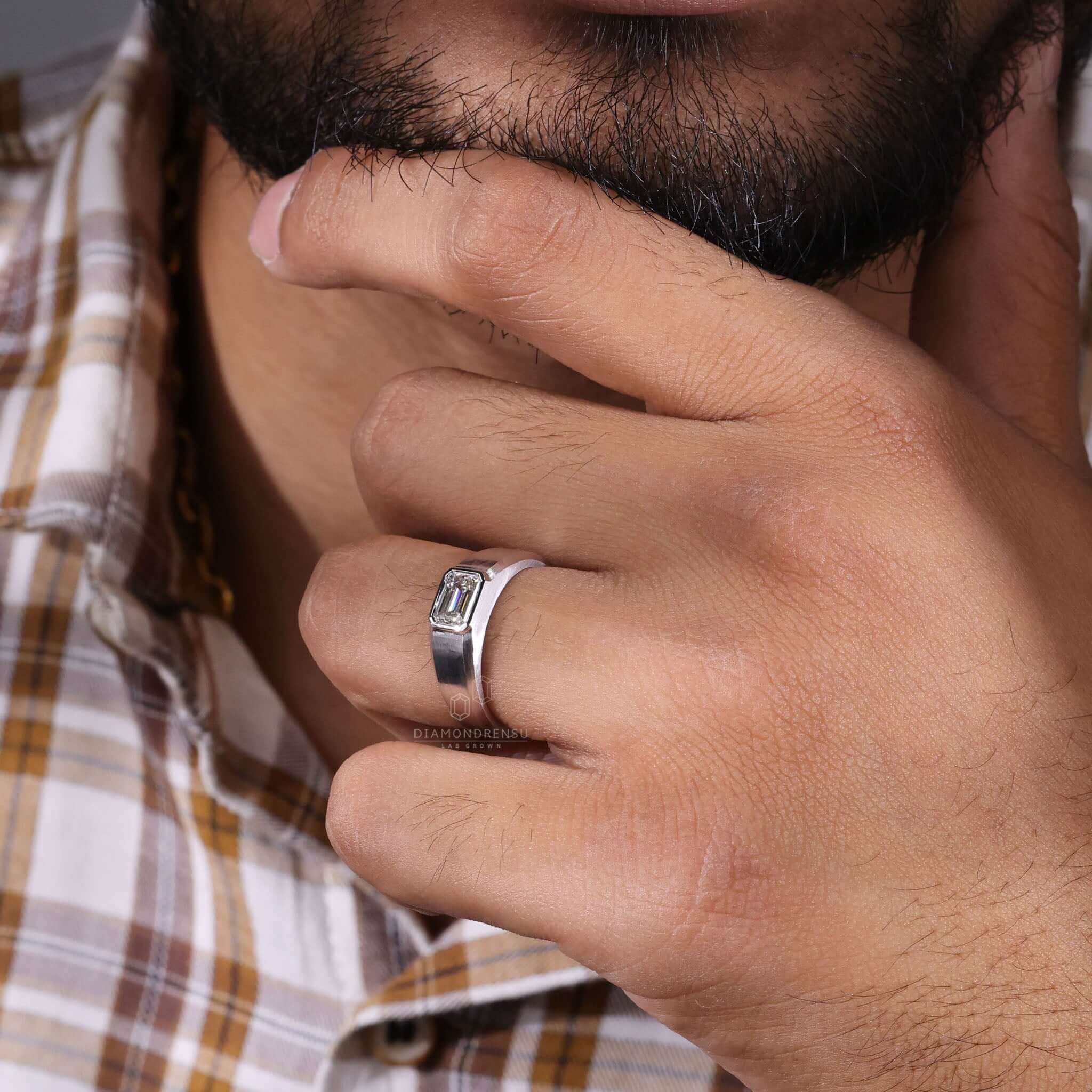 Emerald Cut Lab Grown Diamond Men's Engagement Ring