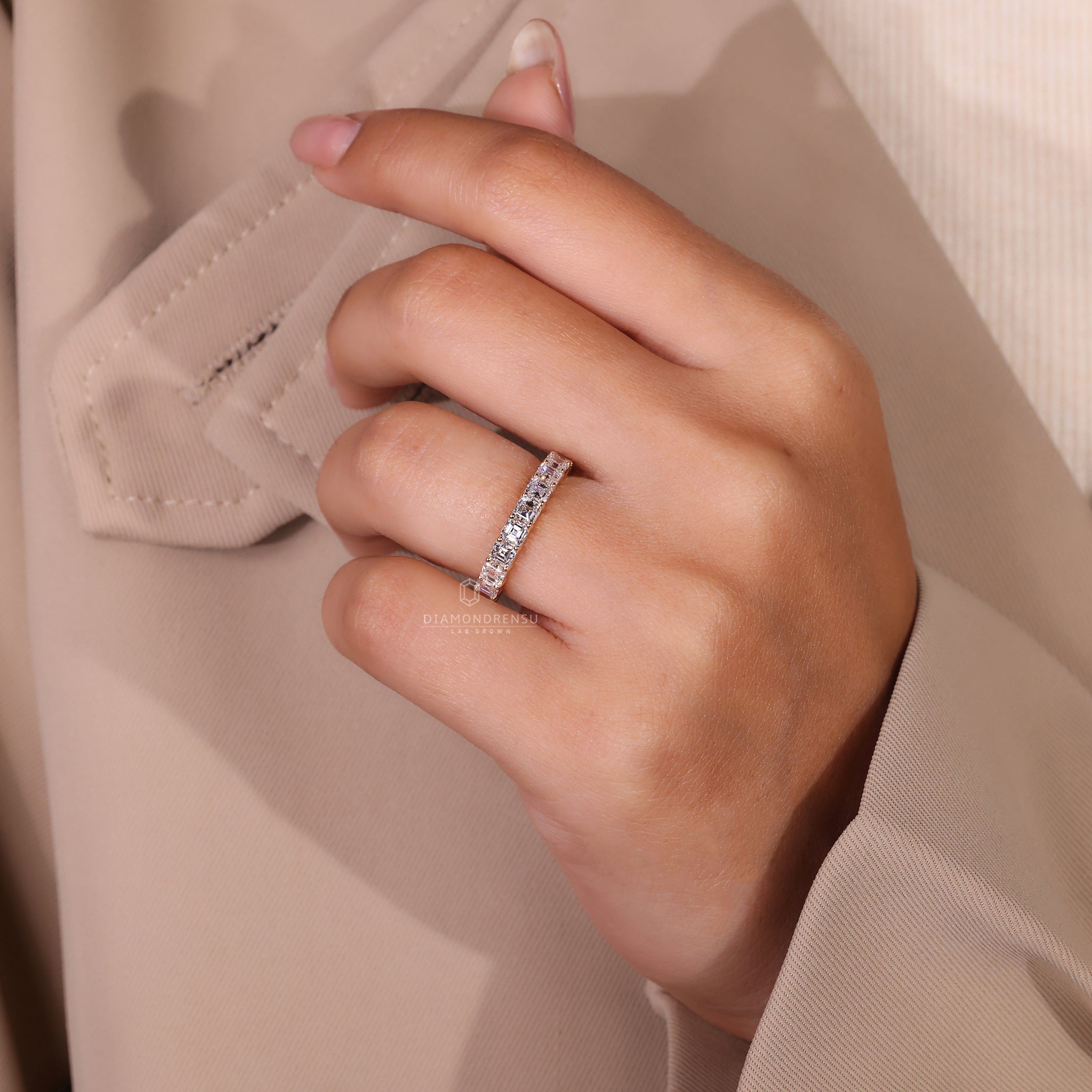 Lab grown Asscher cut diamond band.
