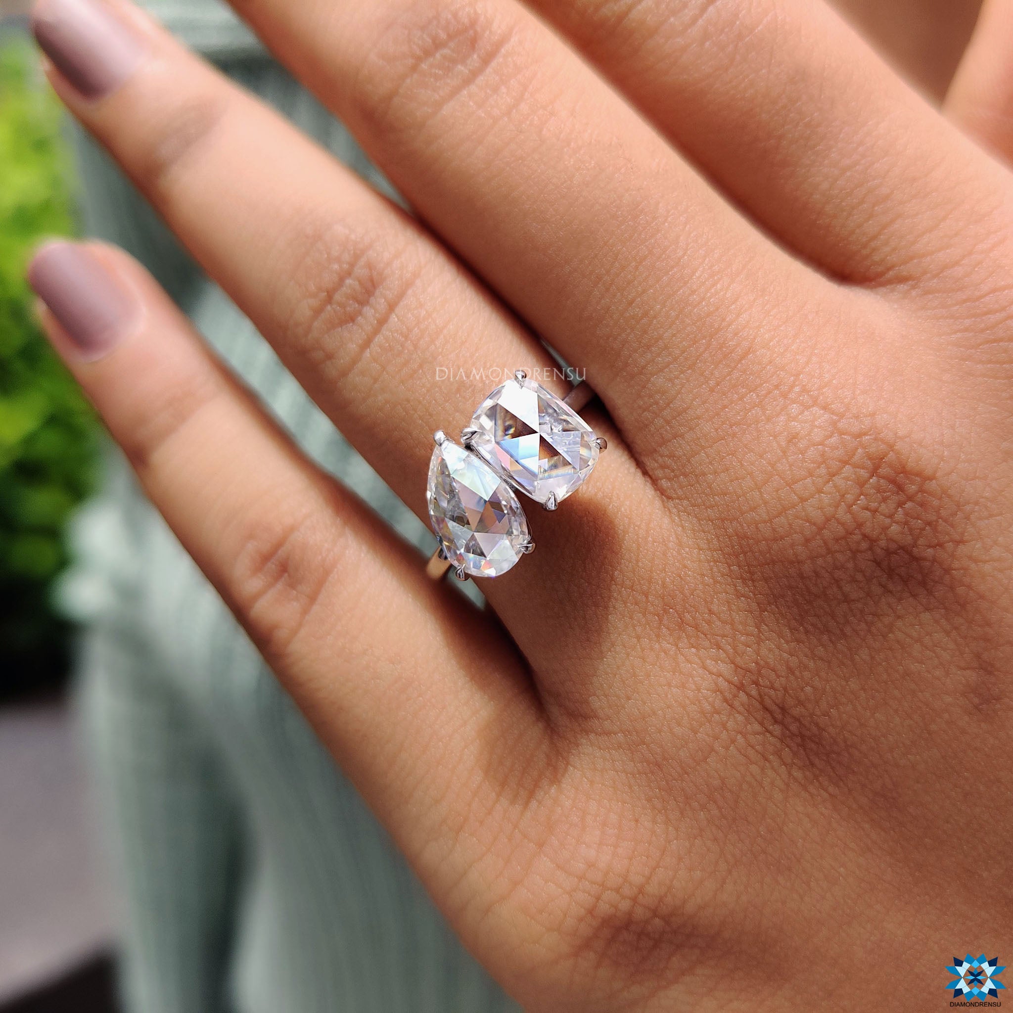 Buy rose cut pear and cushion moissanite engagement ring.
