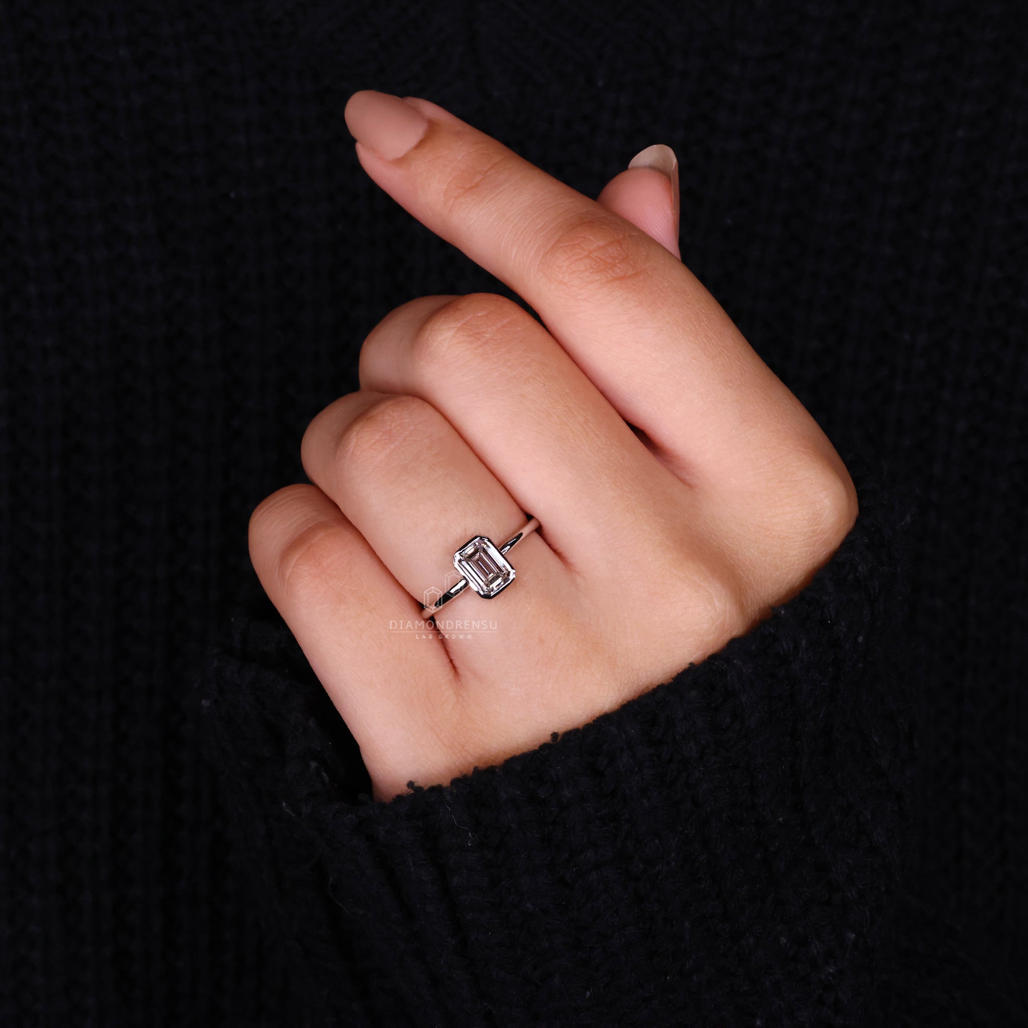 Lab grown diamond solitaire ring in white gold.
