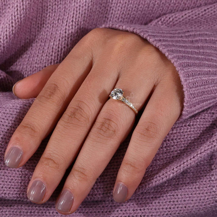 Unique engagement ring with pave ring diamond accents, Lab Grown Diamond, and a sleek tapered band design.
